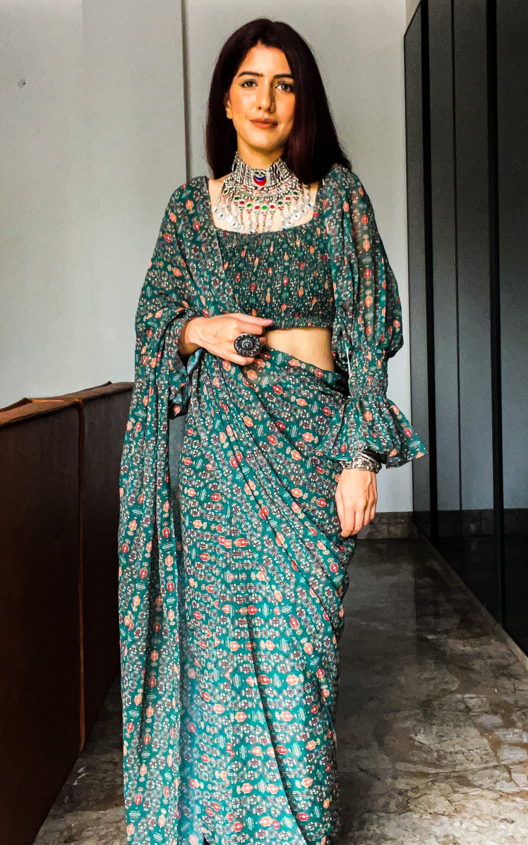 Saree, Green Saree, Silk Saree, Stitched Blouse, Designer Saree