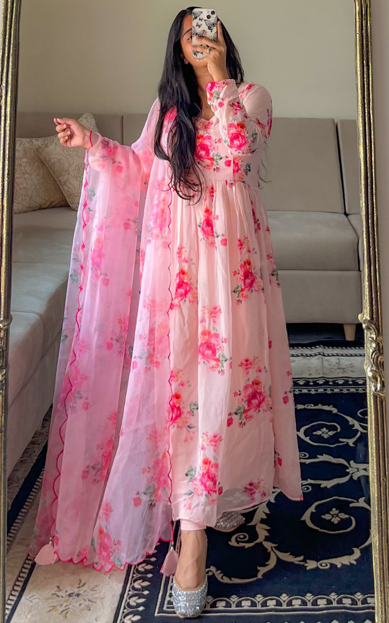 Pink sales floral anarkali