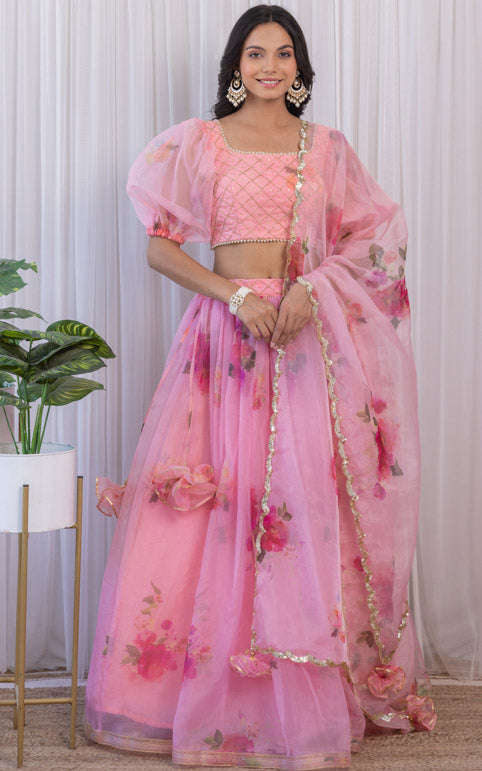 Pink Floral Sequinwork Organza Lehenga