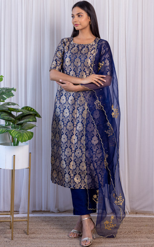 Navy Blue Brocade Kurta Set with Gota Patti Organza Dupatta