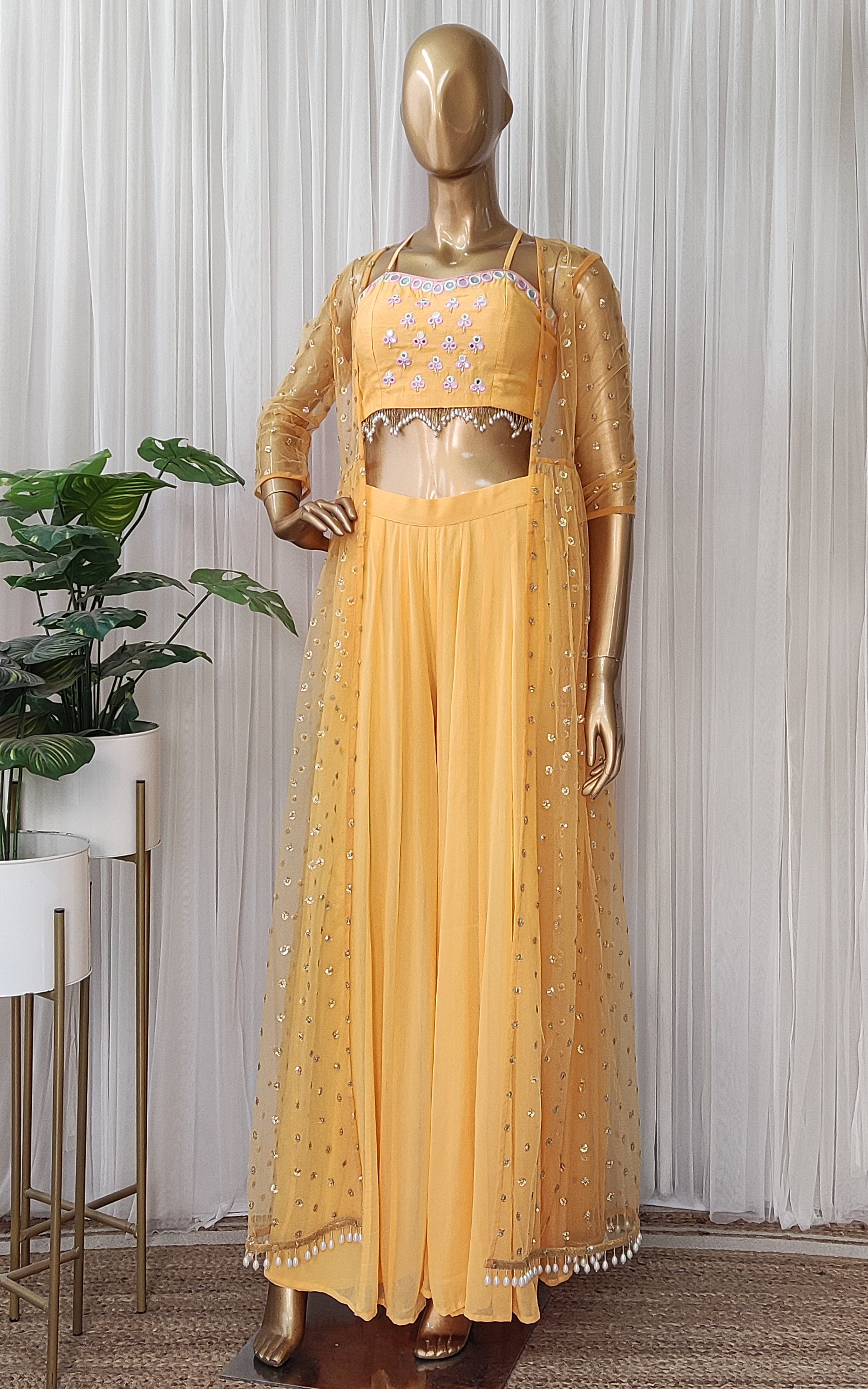 Melon Yellow Mirrrorwork Crop-Top Jacket & Sharara Set