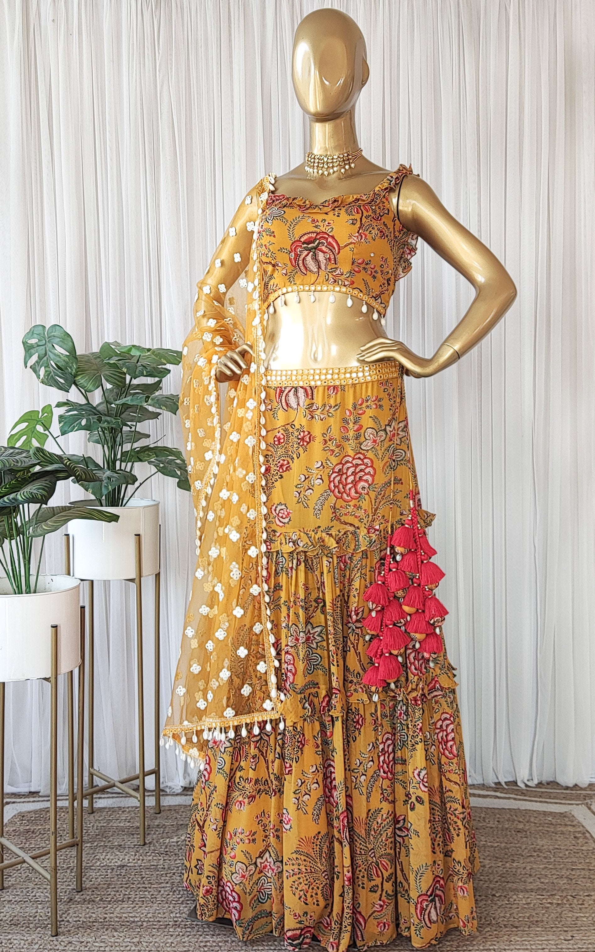 New designer mirror work lehenga choli buy now in yellow color – Joshindia