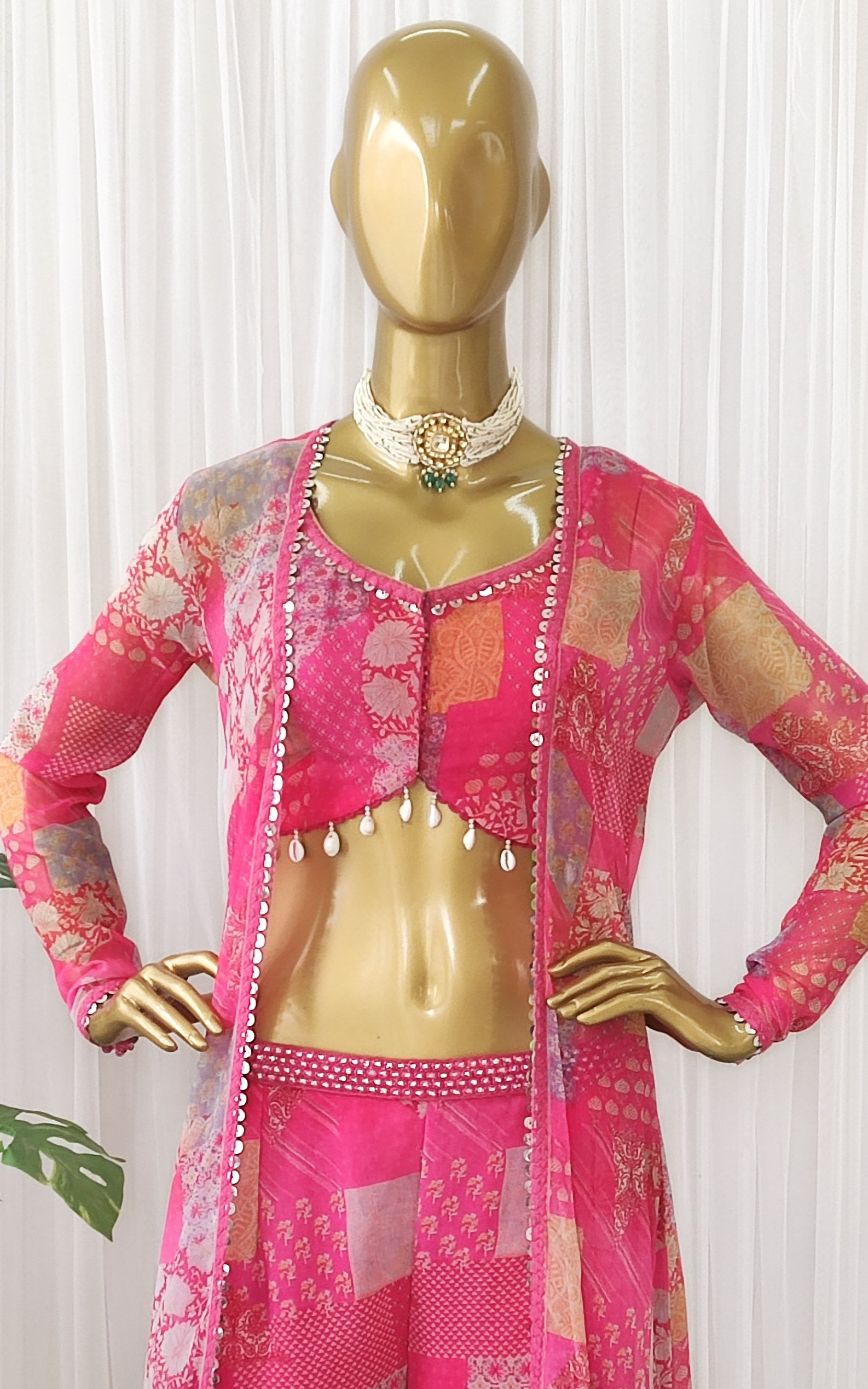 Hot Pink Mirrorwork Georgette Crop Top Sharara Co-Ord Set