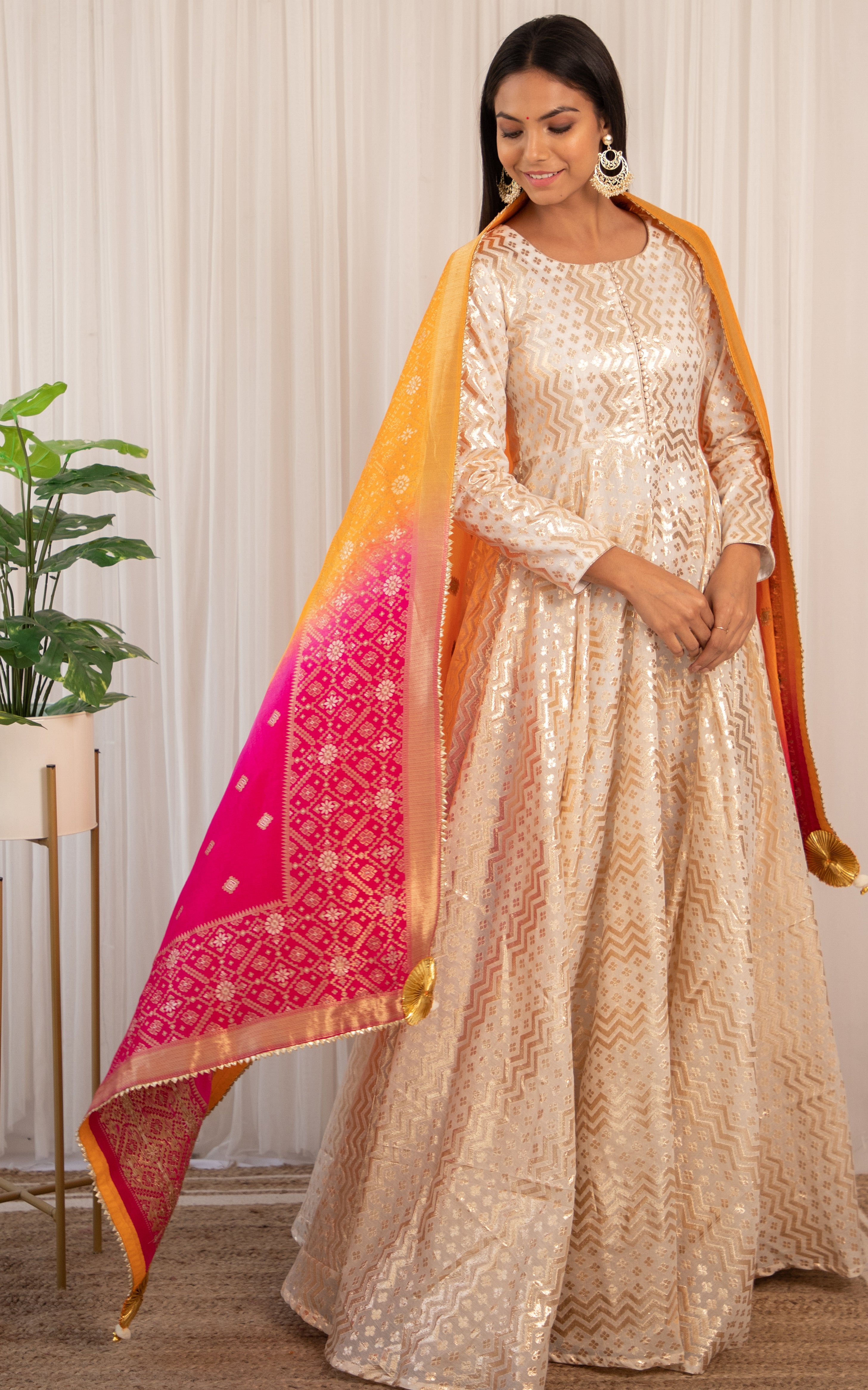 Surbhi Jyoti Off white Anarkali with Multicolor Banarsi Dupatta