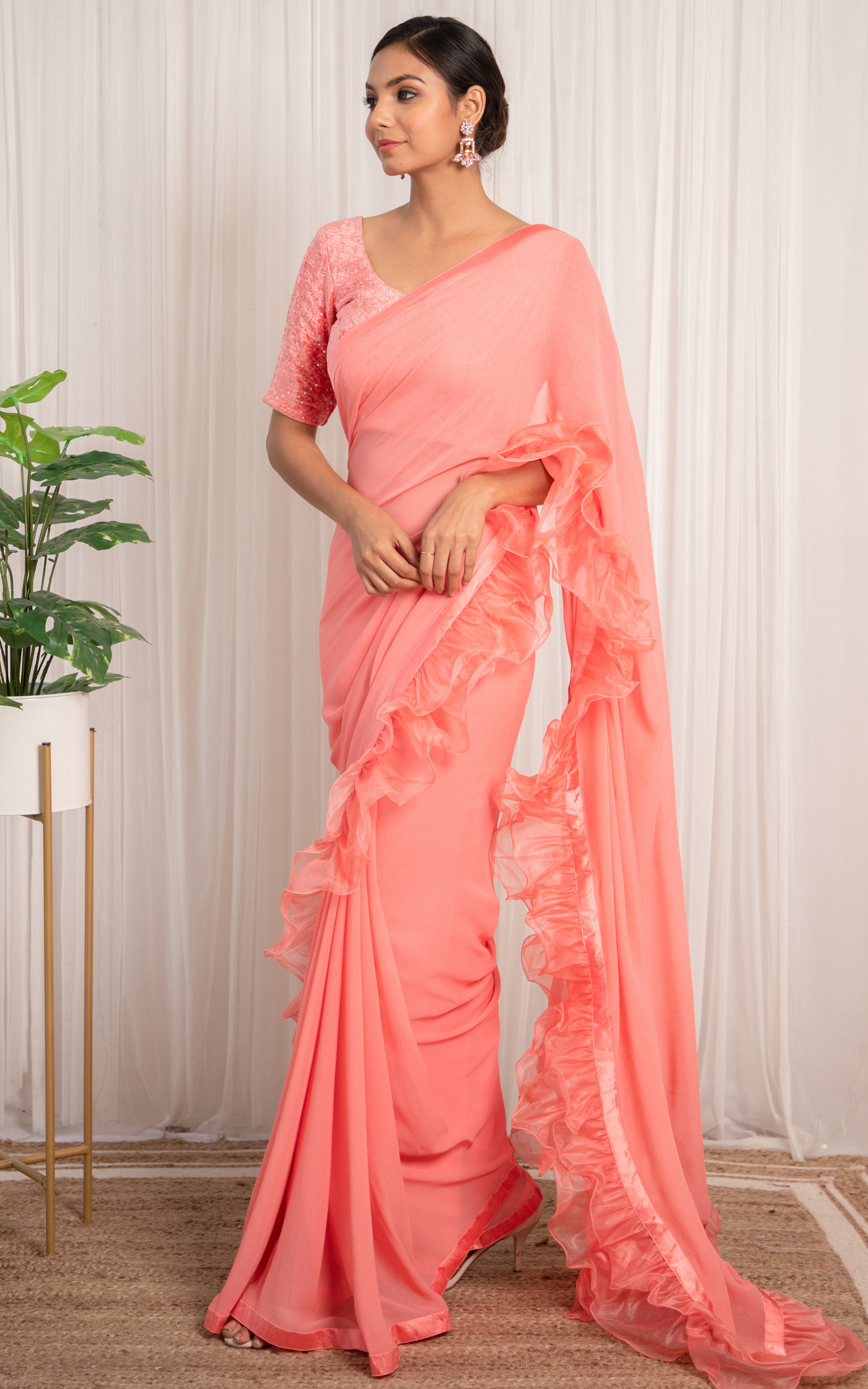 PEACH PRE DRAPED RUFFLE SAREE – Swish By Dolcy & Simran