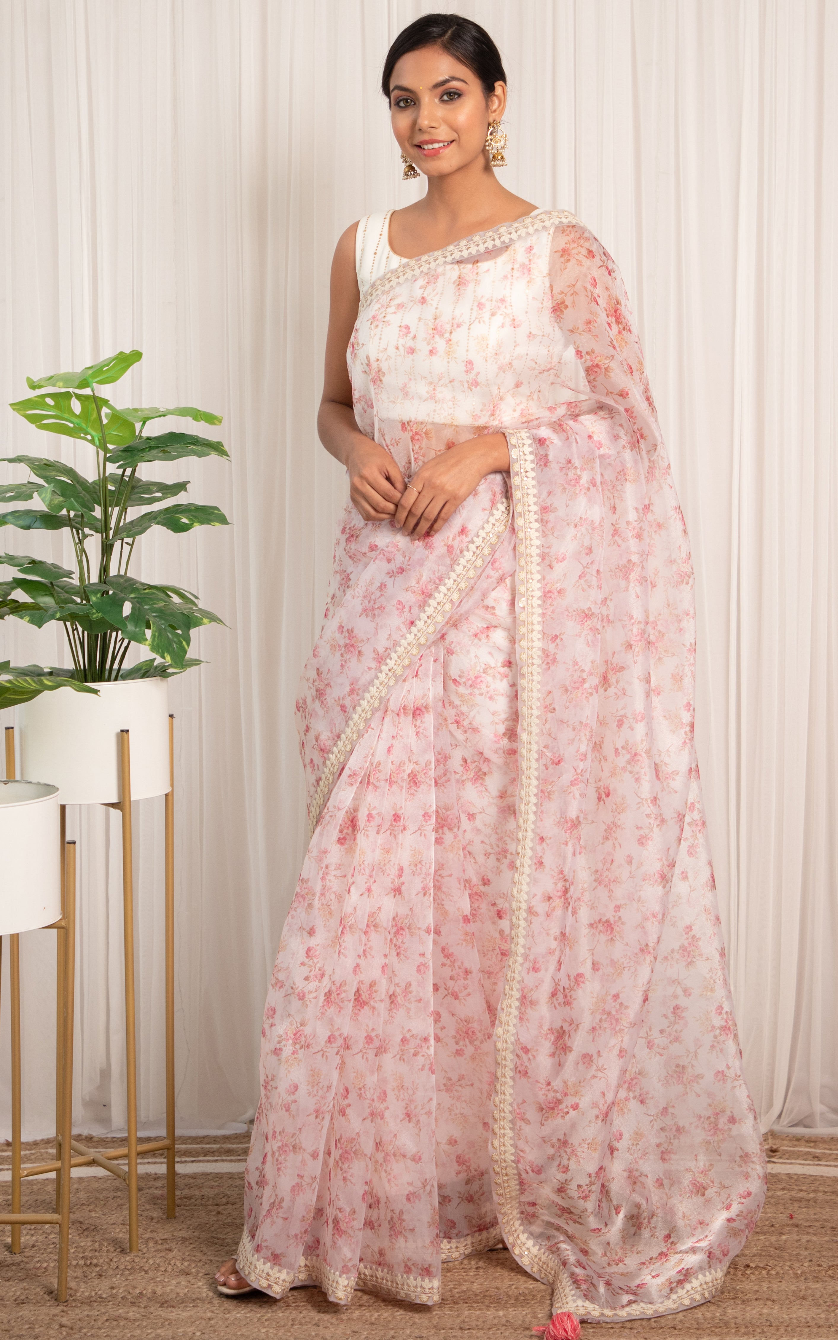 Shop White Color Floral Print Satin Silk Saree Work Wear Online at Best  Price | Cbazaar