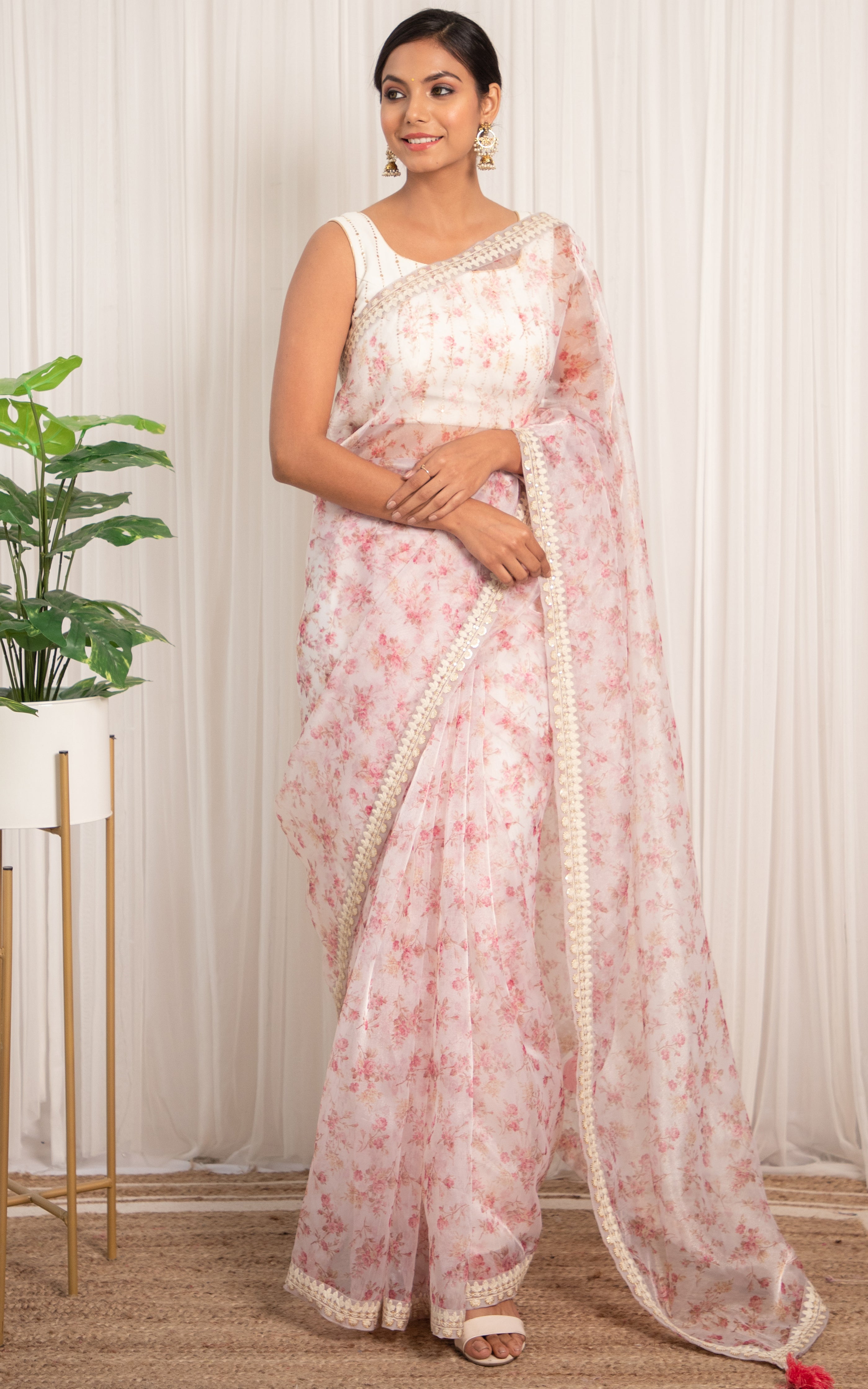 Pink Chanderi Floral Hand Painted Saree