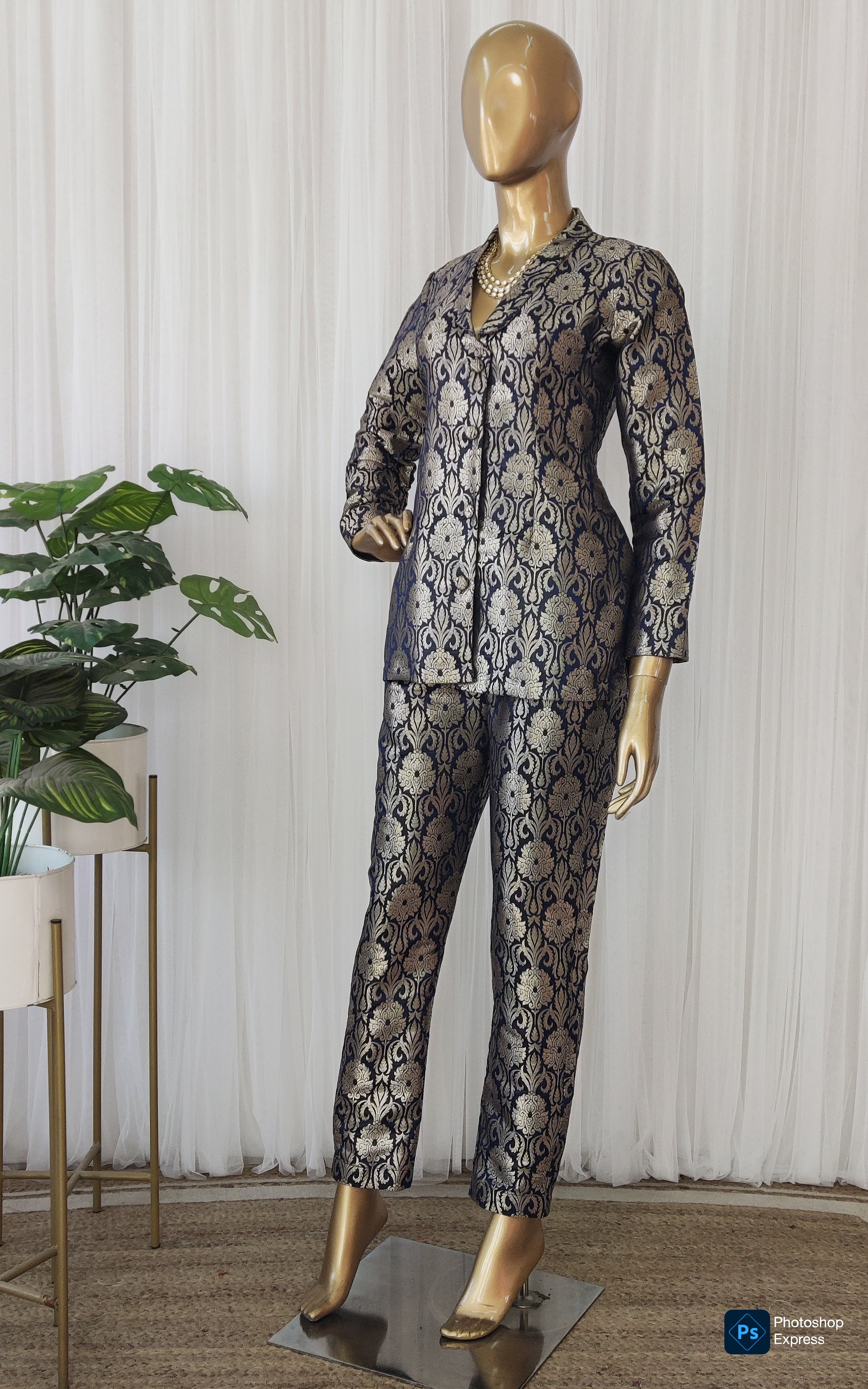 Navy Blue Brocade Pant Suit Co ord Set