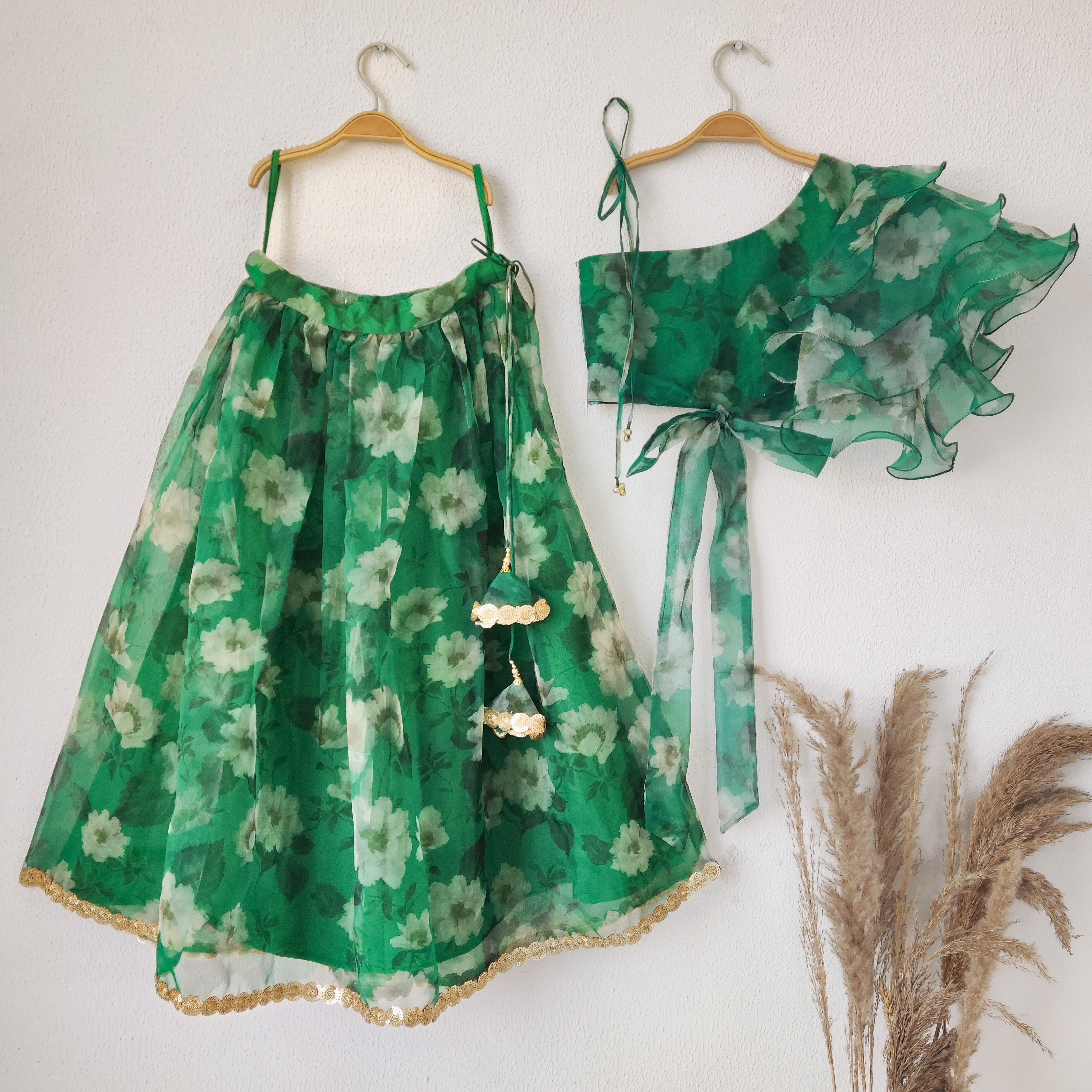 Lime Green Lehenga Set with Butis and Embroidered Gota Work Blouse -  Seasons India