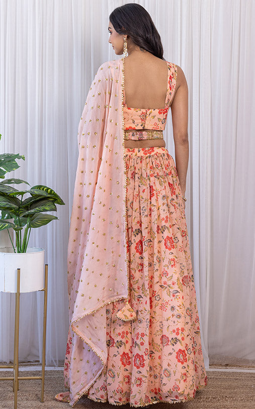 Buy Peach Blouse Net Embroidery Cape Open Cutwork And Lehenga Set For Women  by Ridhi Mehra Online at Aza Fashions.