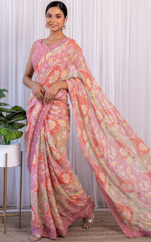 Printed Light Pink Georgette Saree With Blouse