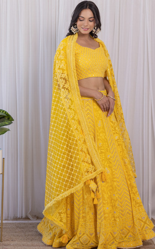 Yellow Color Haldi Lehenga With Lucknowi and Sequins Embroidery Wedding  Lehenga Choli in USA, UK, Malaysia, South Africa, Dubai, Singapore