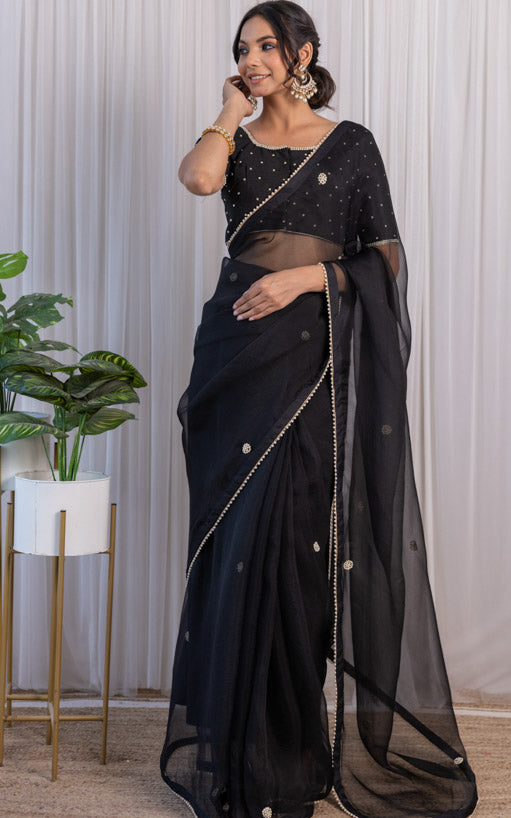 Banarasee Semi-Chiffon Saree With Antique Gold Zari Work-Black