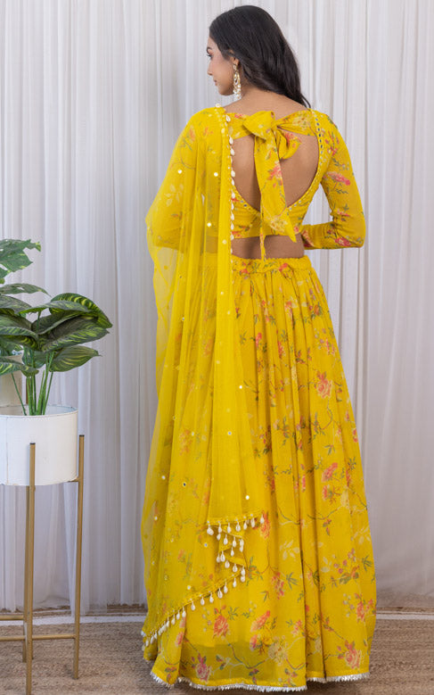 Lemon Yellow Floral Printed Embroidered Velvet Lehenga Set – 101 Hues