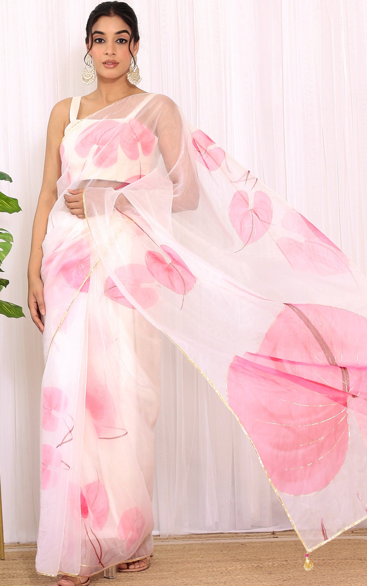 Kautuka Pink Anthurium Handpainted Organza Saree