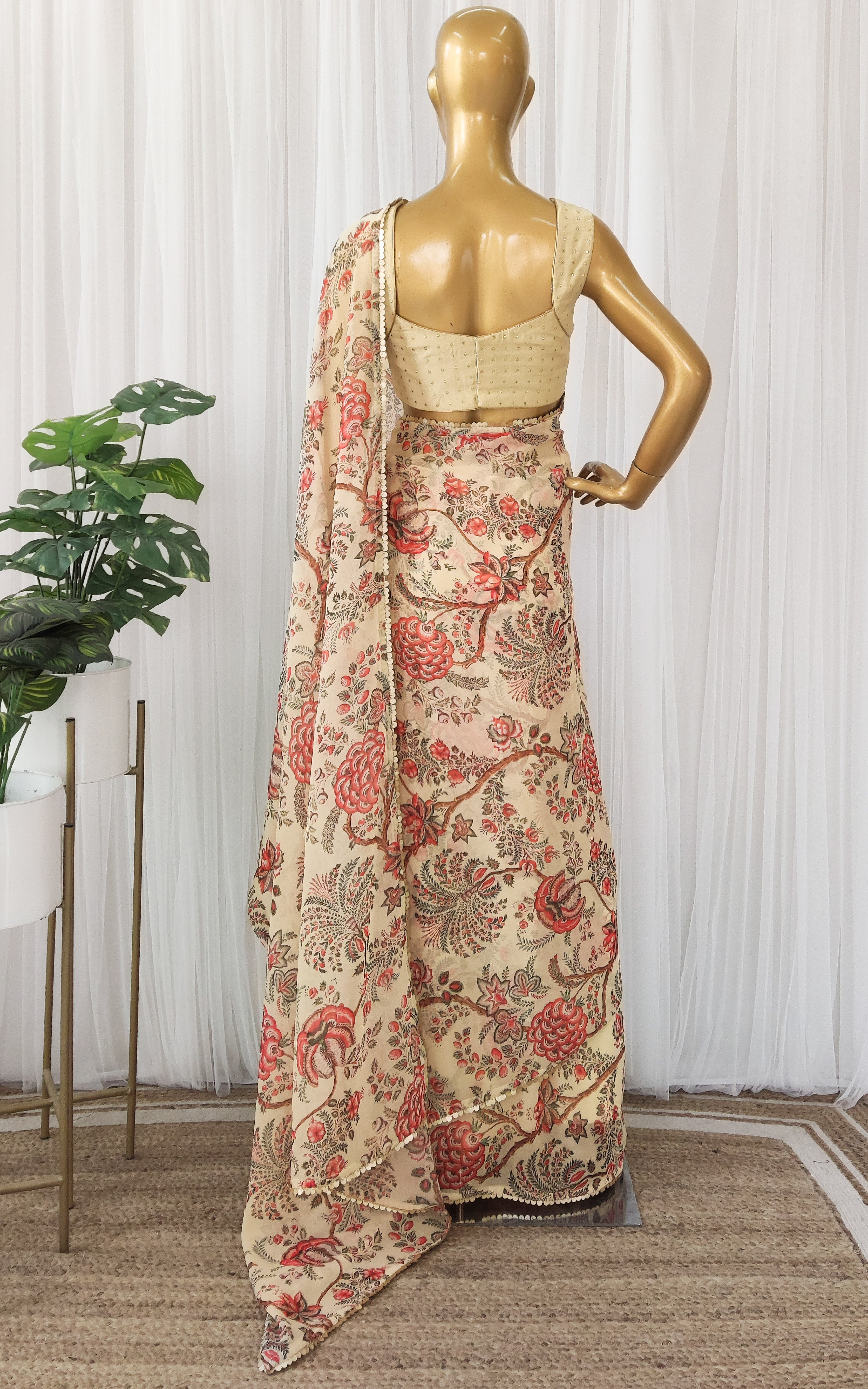Beige Floral Georgette Saree with Mukaish Blouse