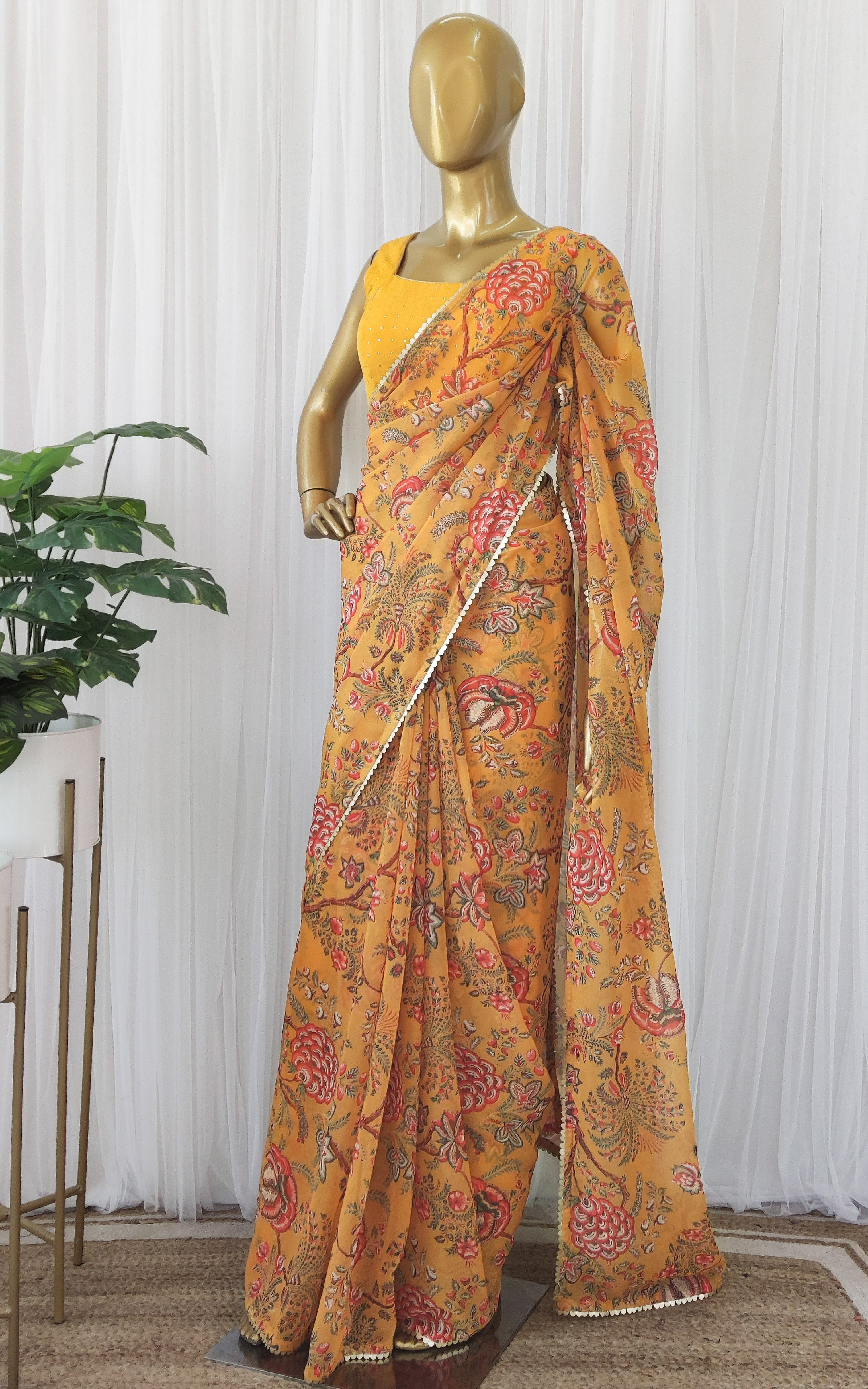 Mustard Floral Georgette Saree with Mukaish Blouse