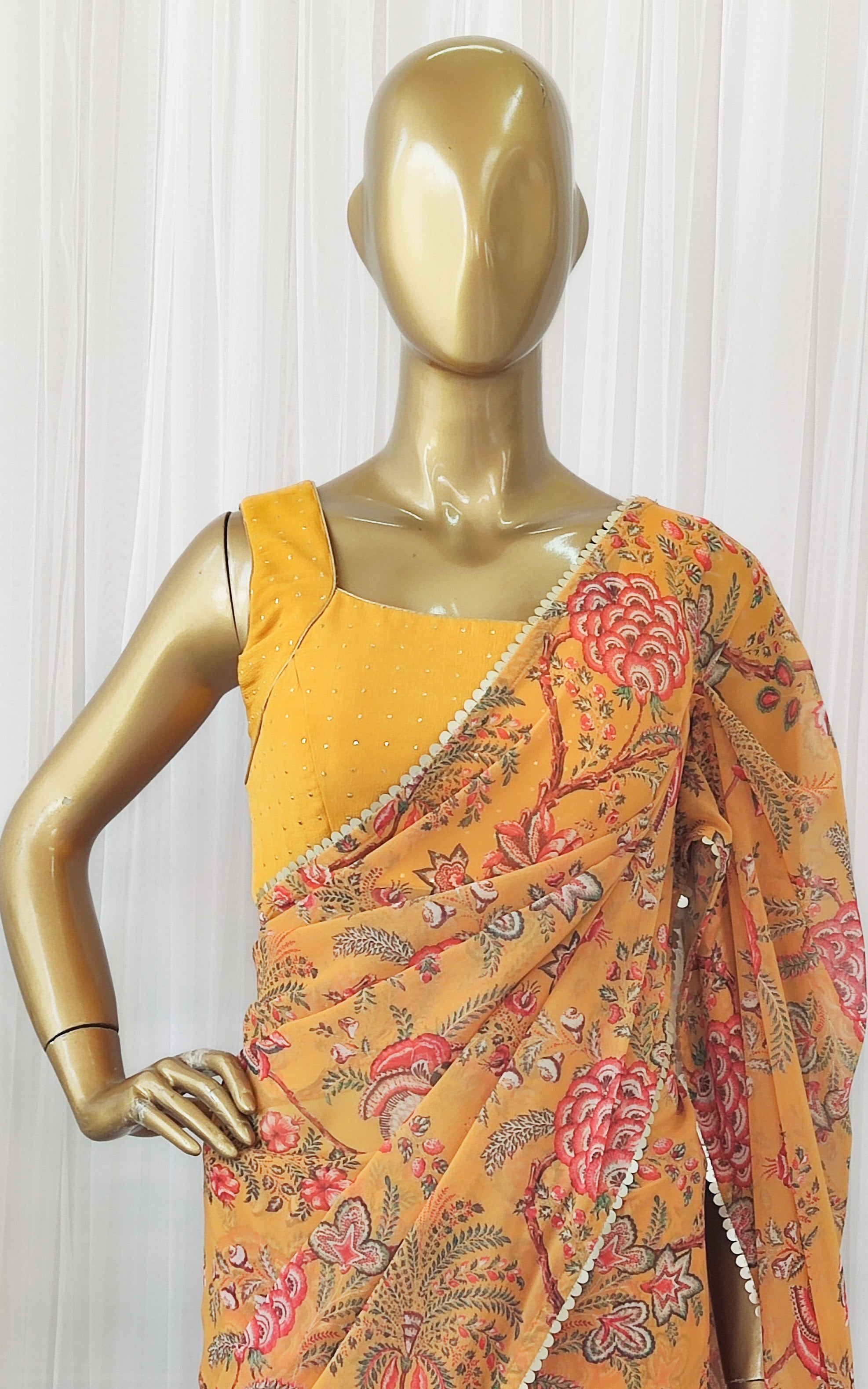 Mustard Floral Georgette Saree with Mukaish Blouse