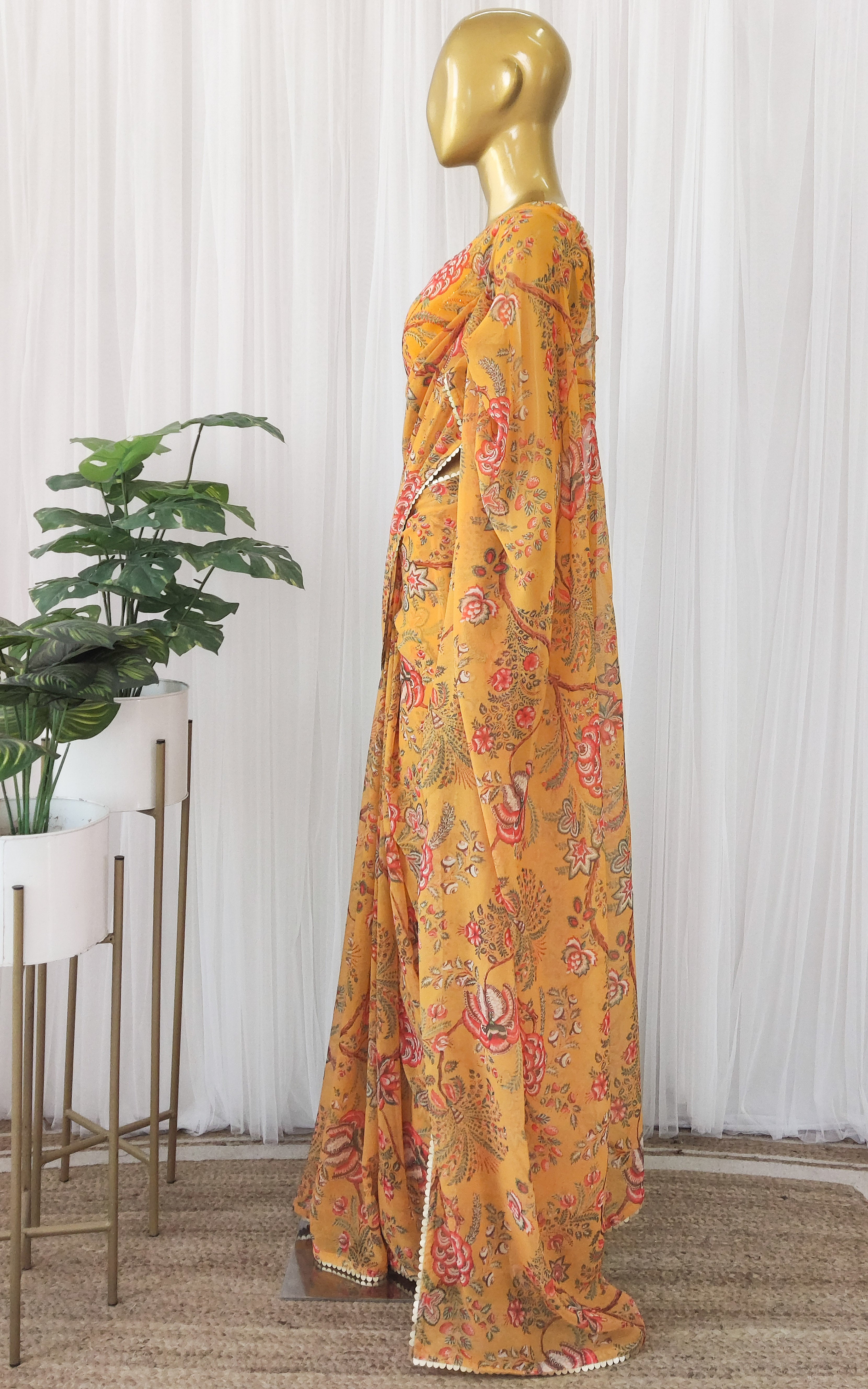 Mustard Floral Georgette Saree with Mukaish Blouse