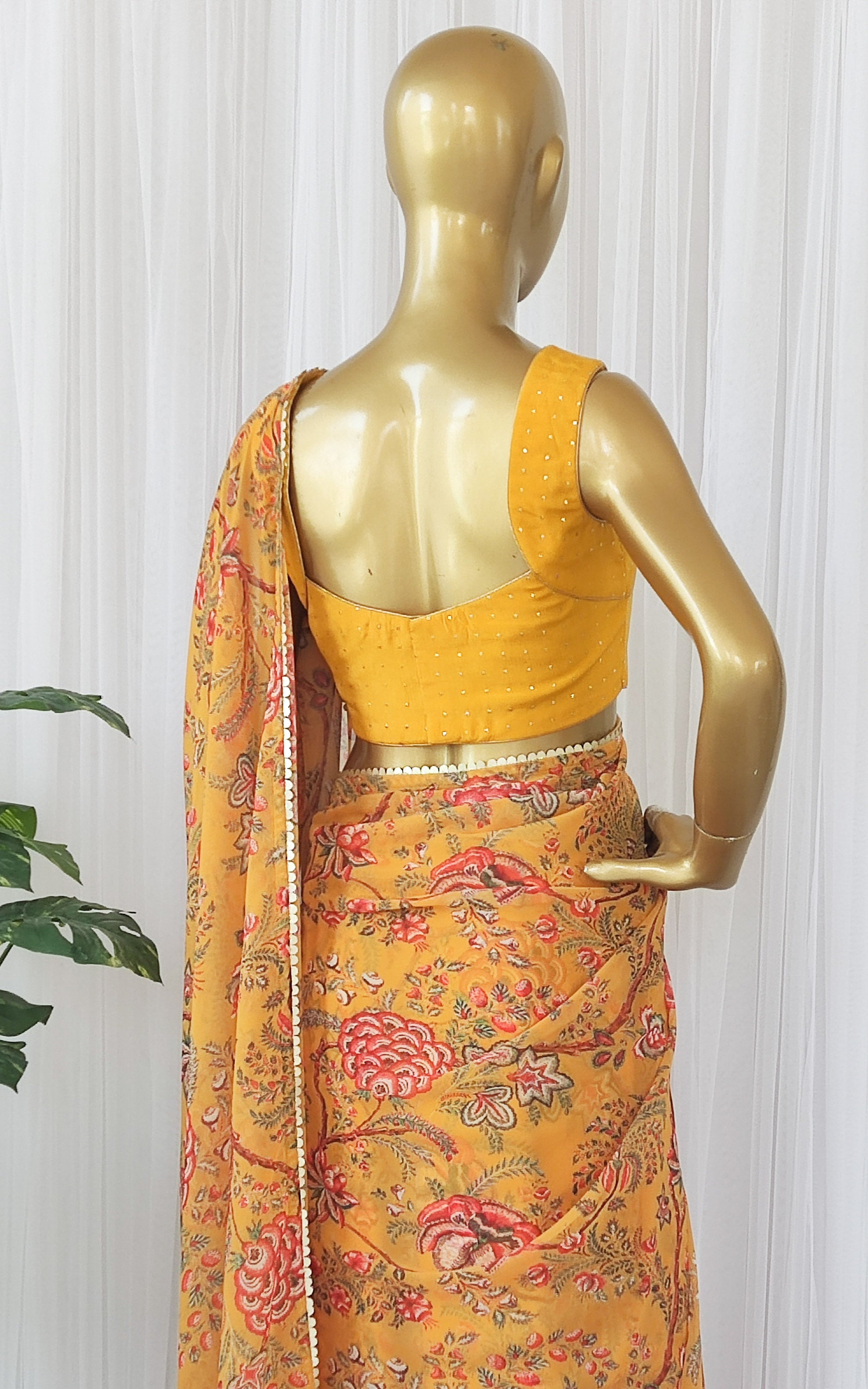 Mustard Floral Georgette Saree with Mukaish Blouse