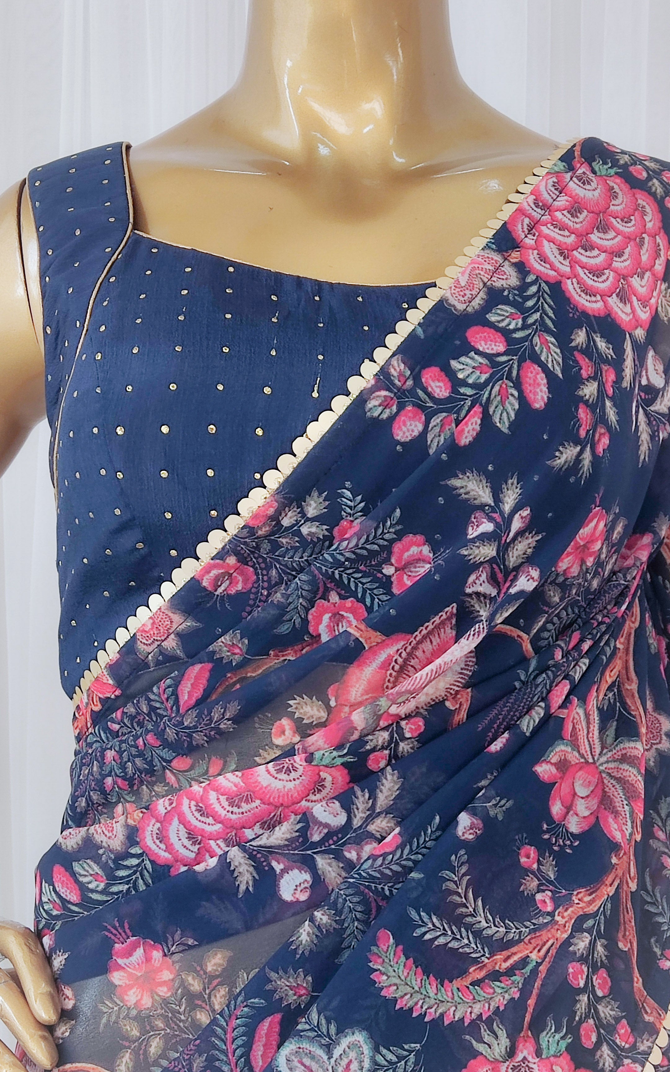 Navy Blue Floral Georgette Saree With Mukaish Blouse