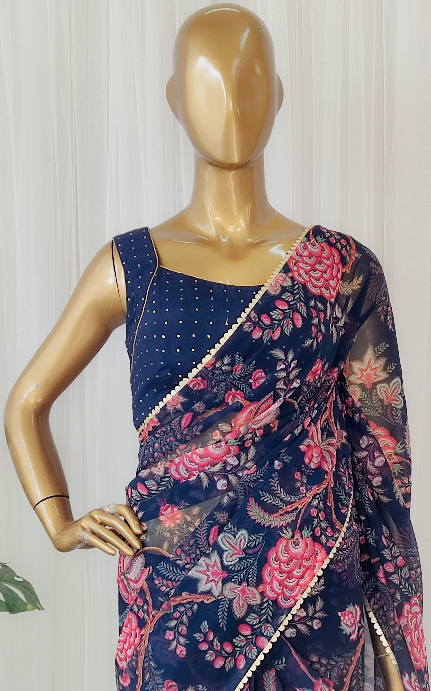 Navy Blue Floral Georgette Saree With Mukaish Blouse