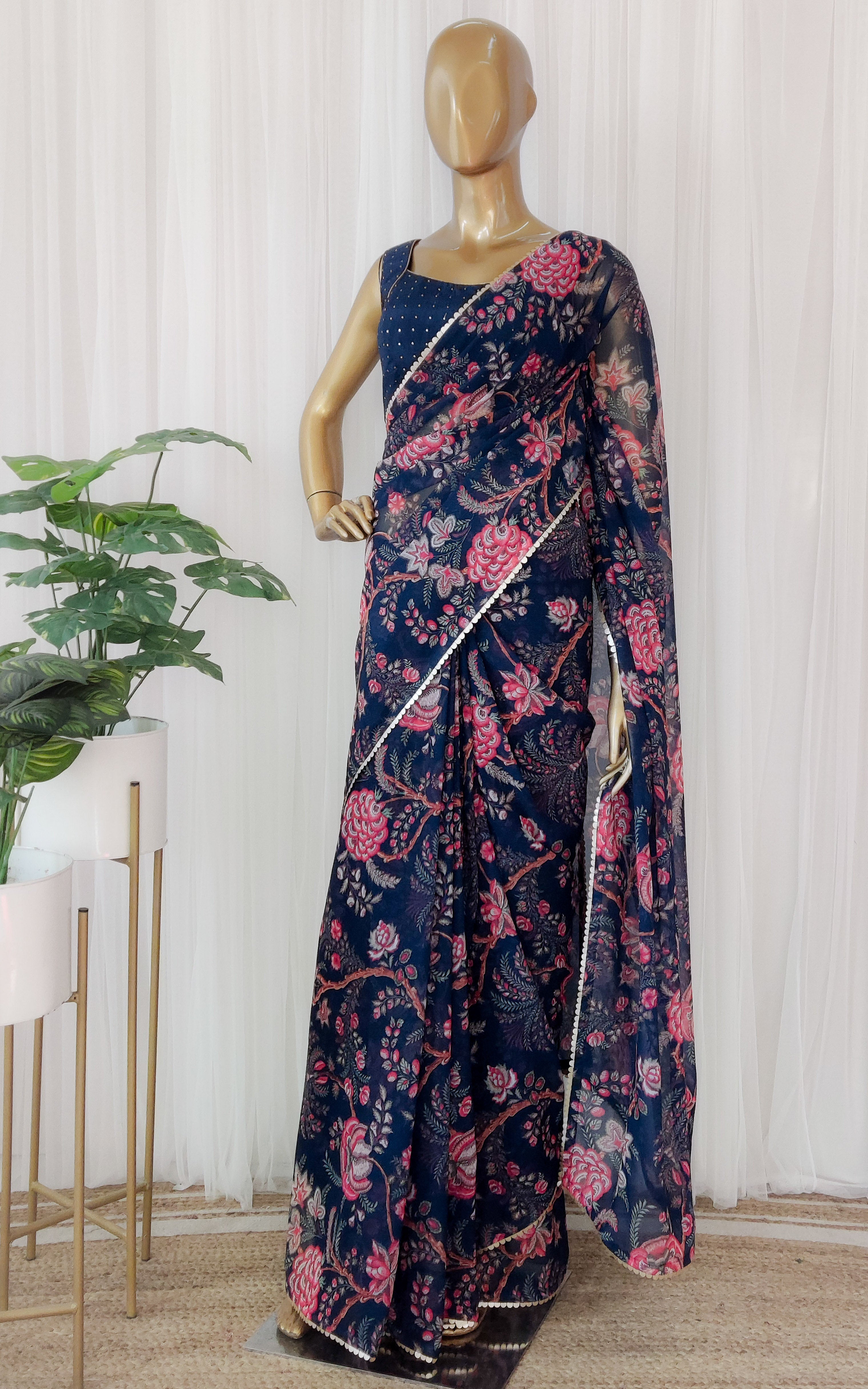 Navy Blue Floral Georgette Saree With Mukaish Blouse