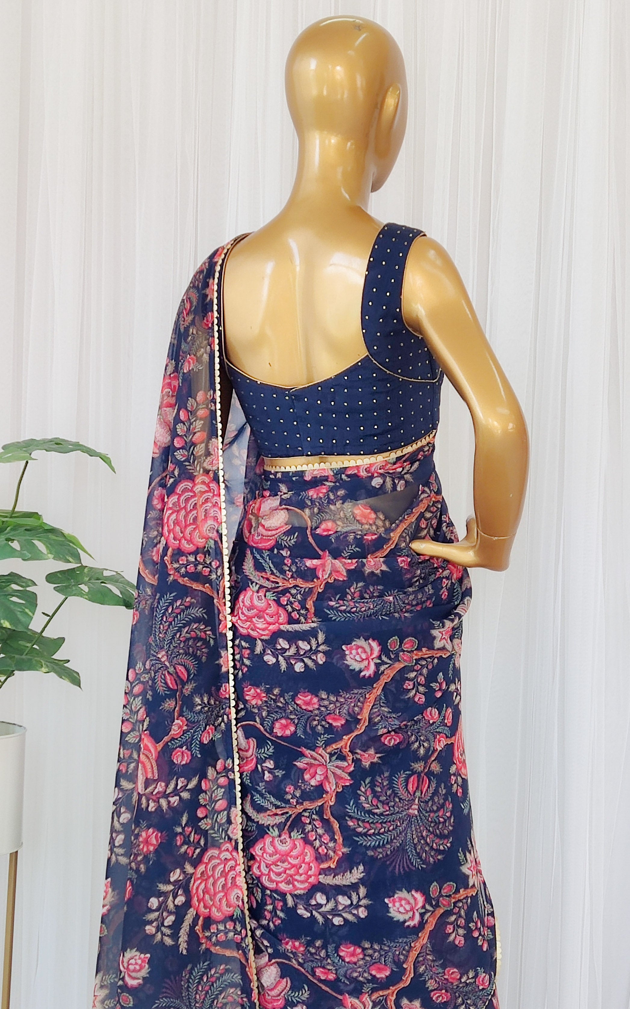 Navy Blue Floral Georgette Saree With Mukaish Blouse