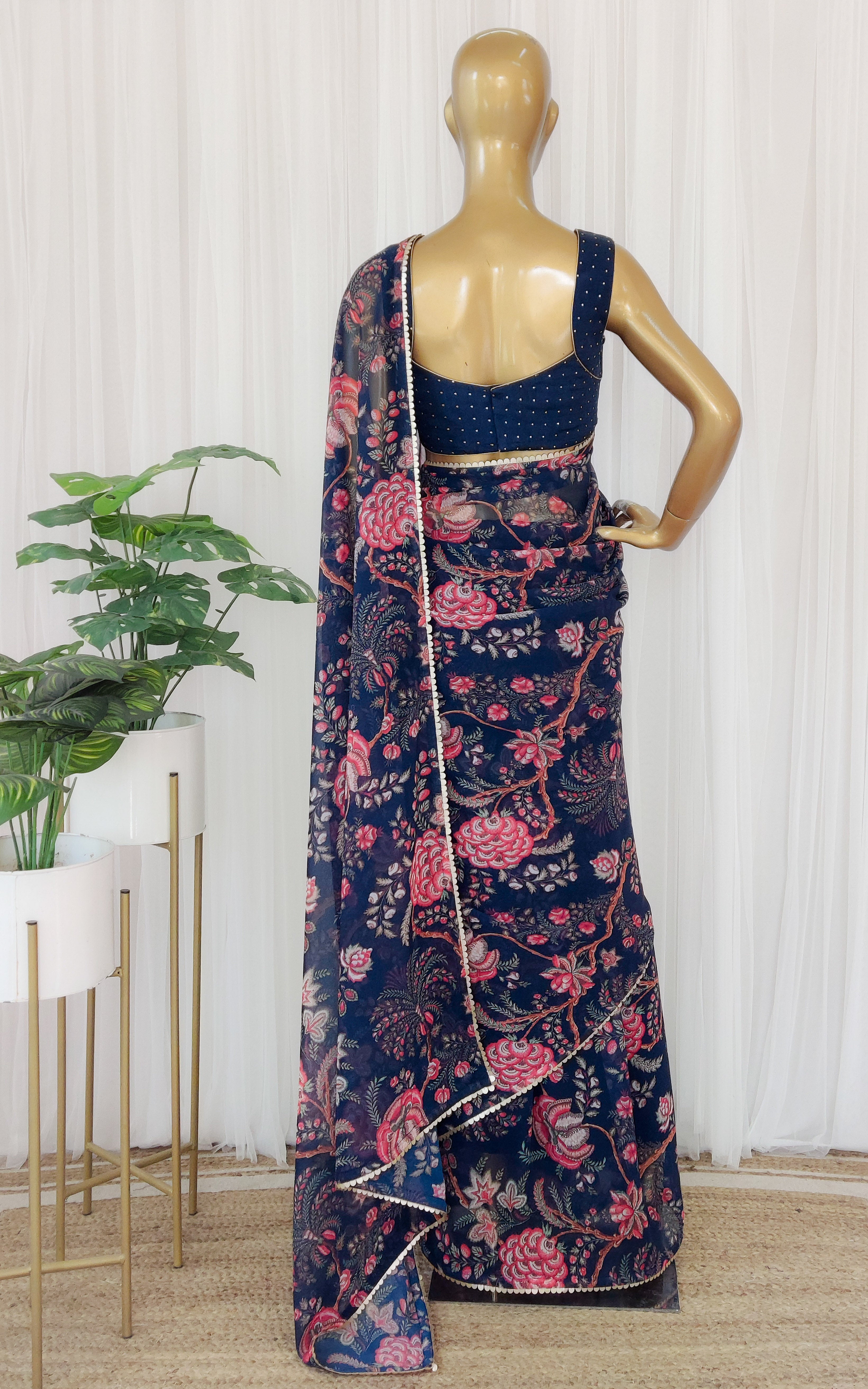 Navy Blue Floral Georgette Saree With Mukaish Blouse