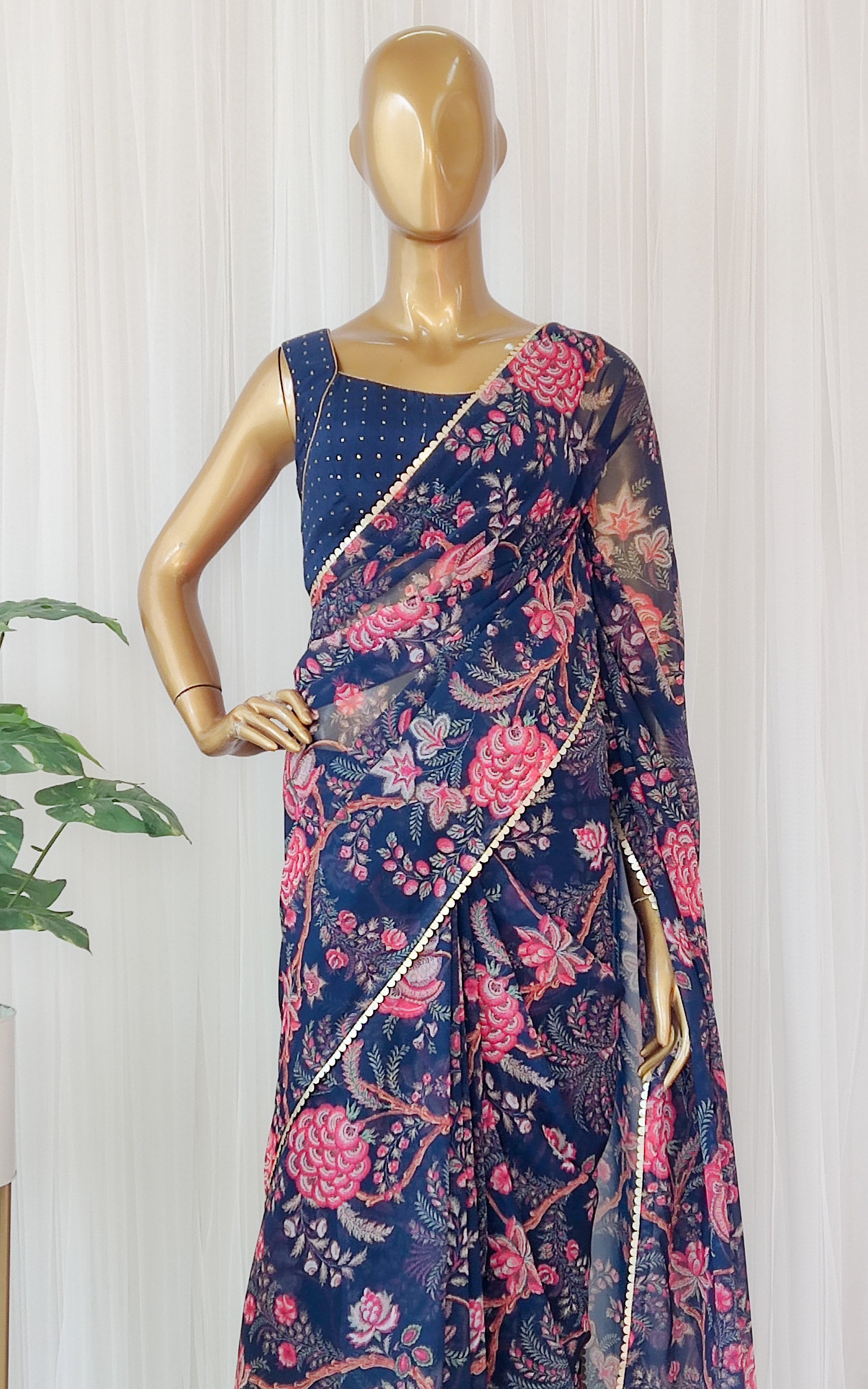 Navy Blue Floral Georgette Saree With Mukaish Blouse