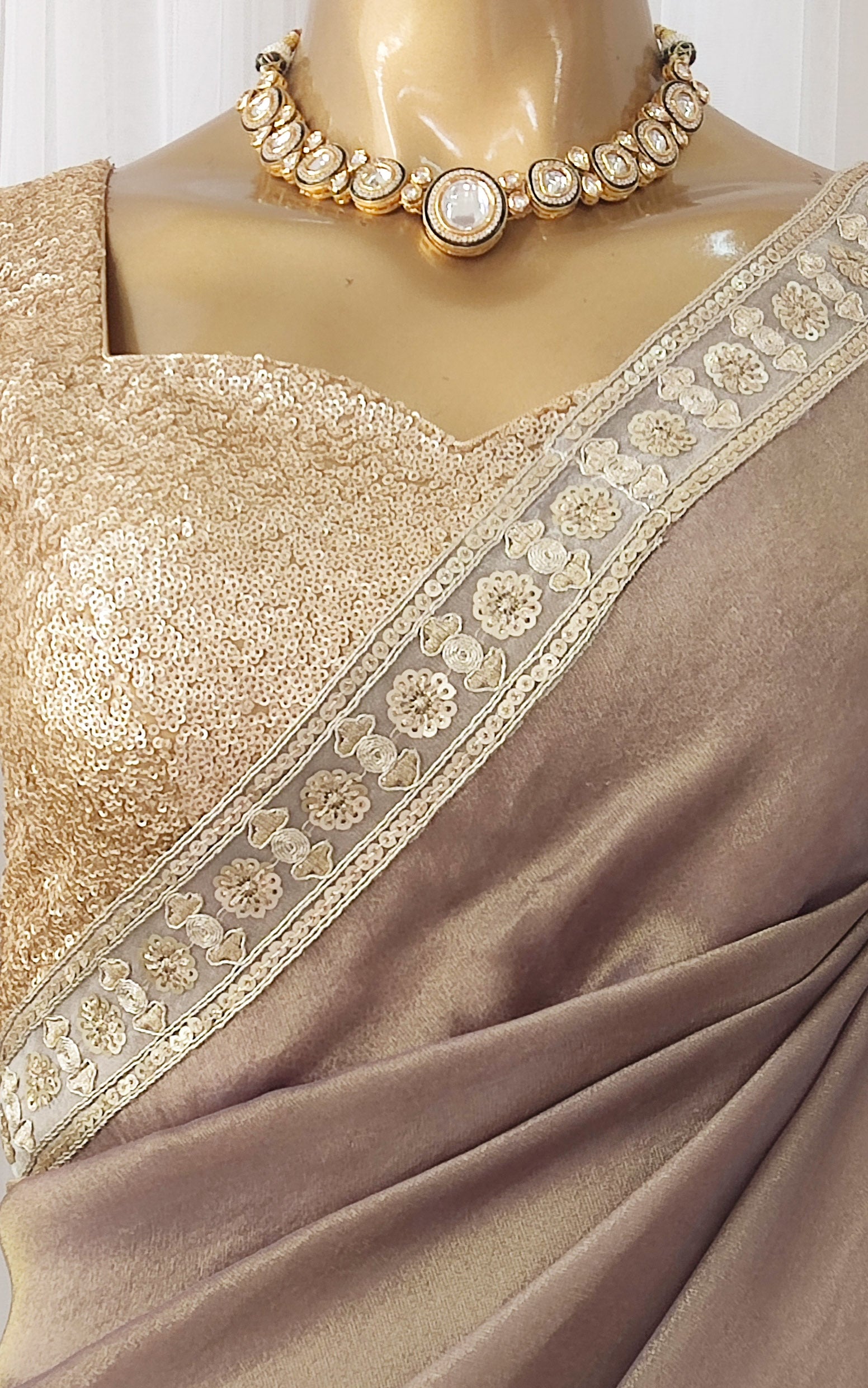 Brown Tissue Georgette Saree with Gold Sequinned Blouse