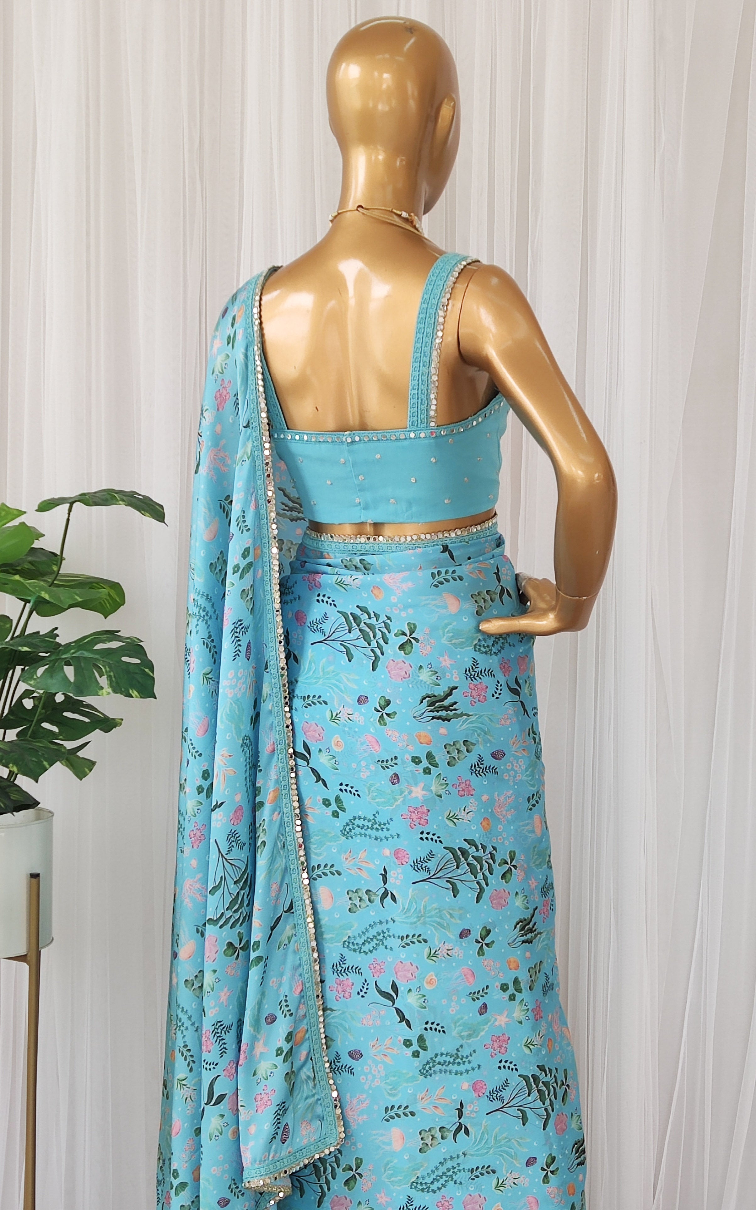 Turquoise Aquatic Print Satin Saree