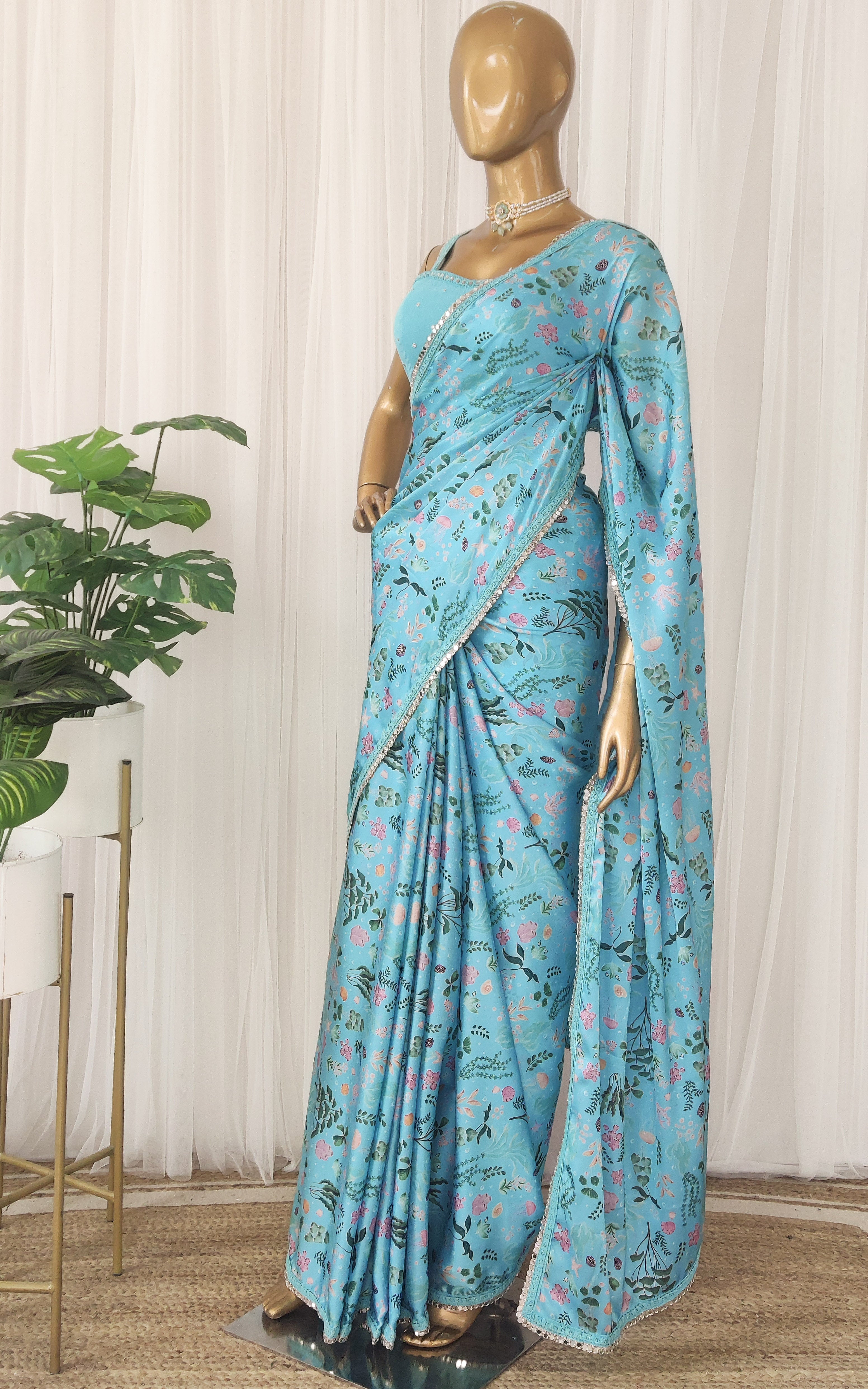 Turquoise Aquatic Print Satin Saree