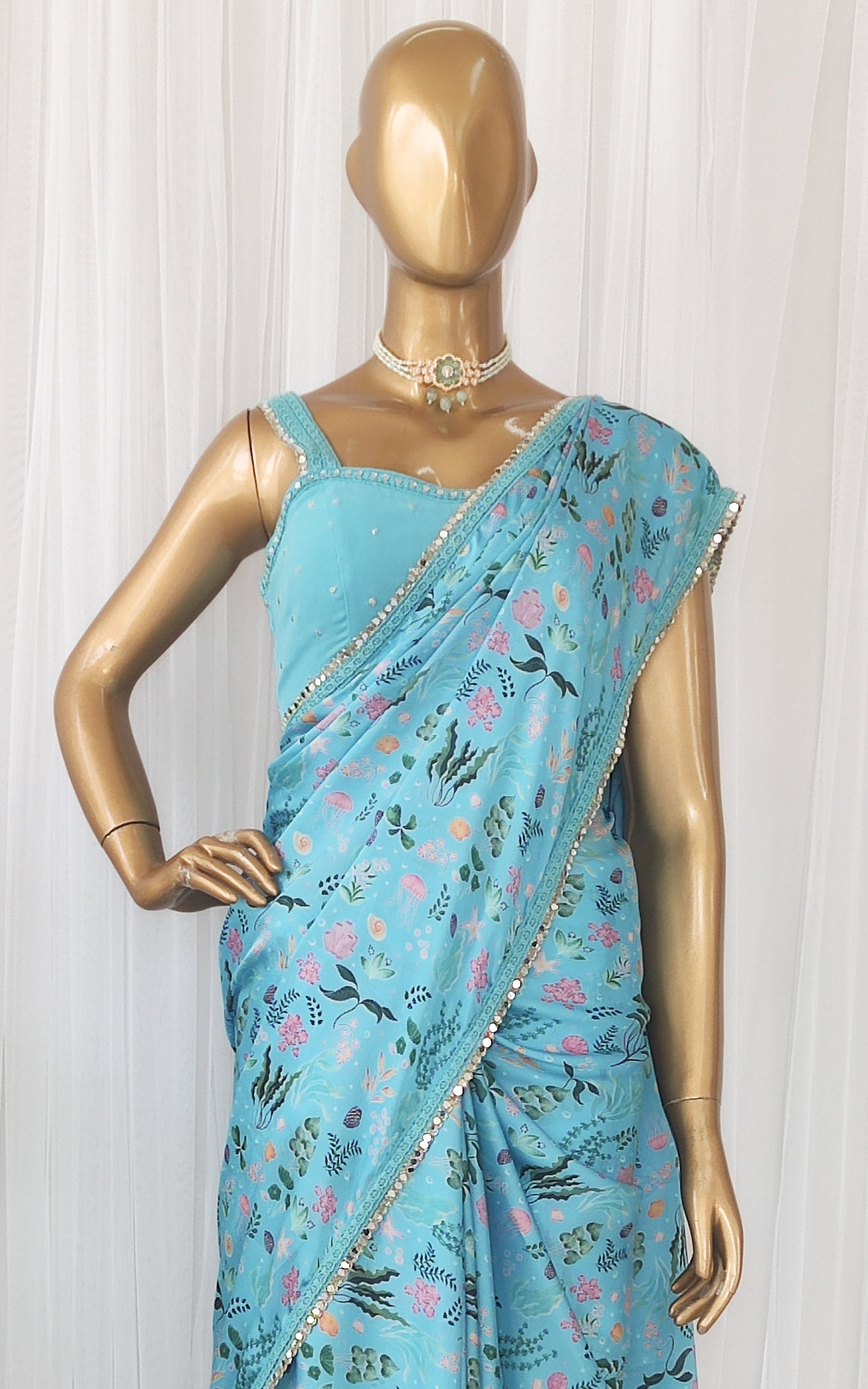 Turquoise Aquatic Print Satin Saree