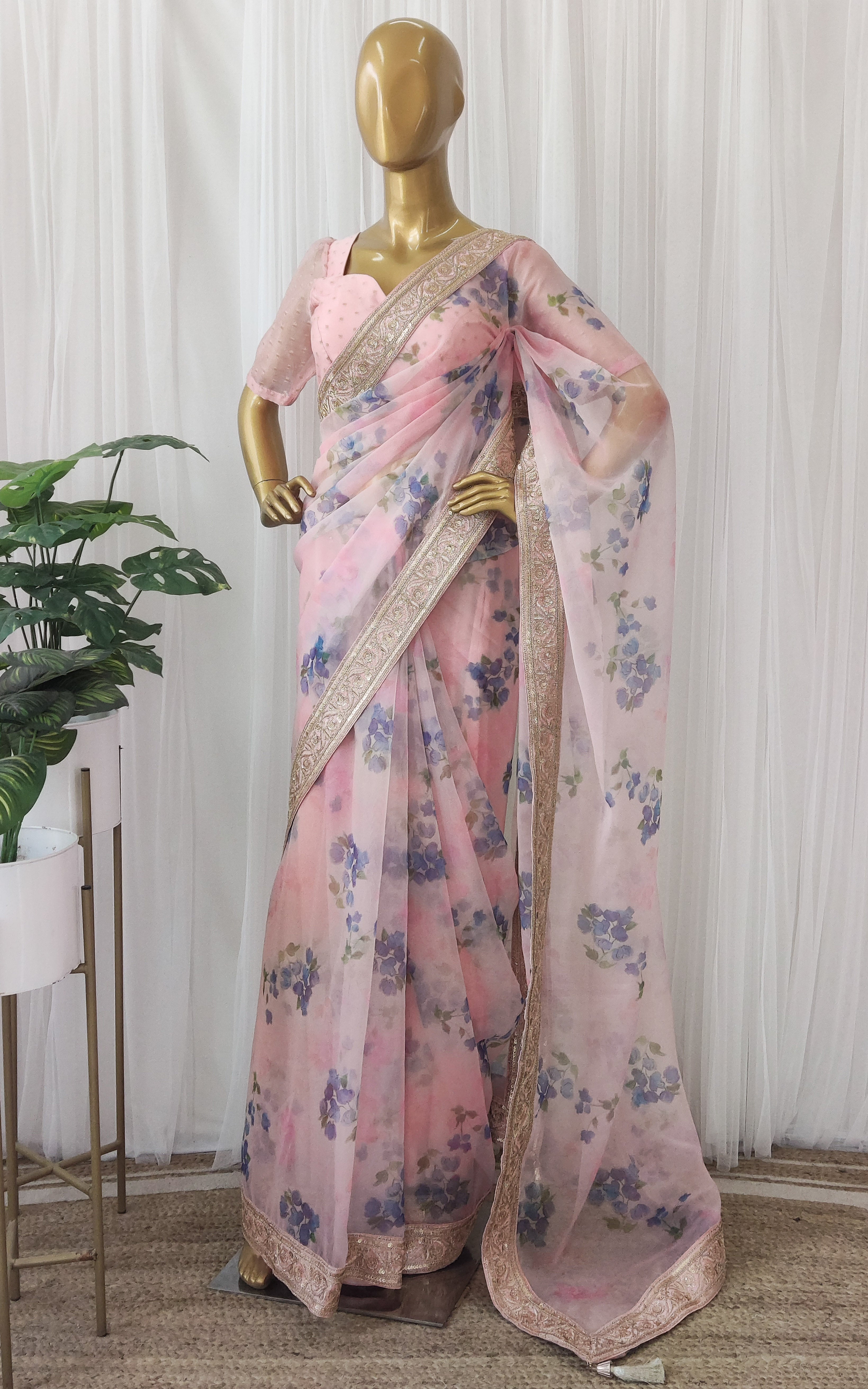 Pink & Blue Floral Organza Saree With Zari Lace Border