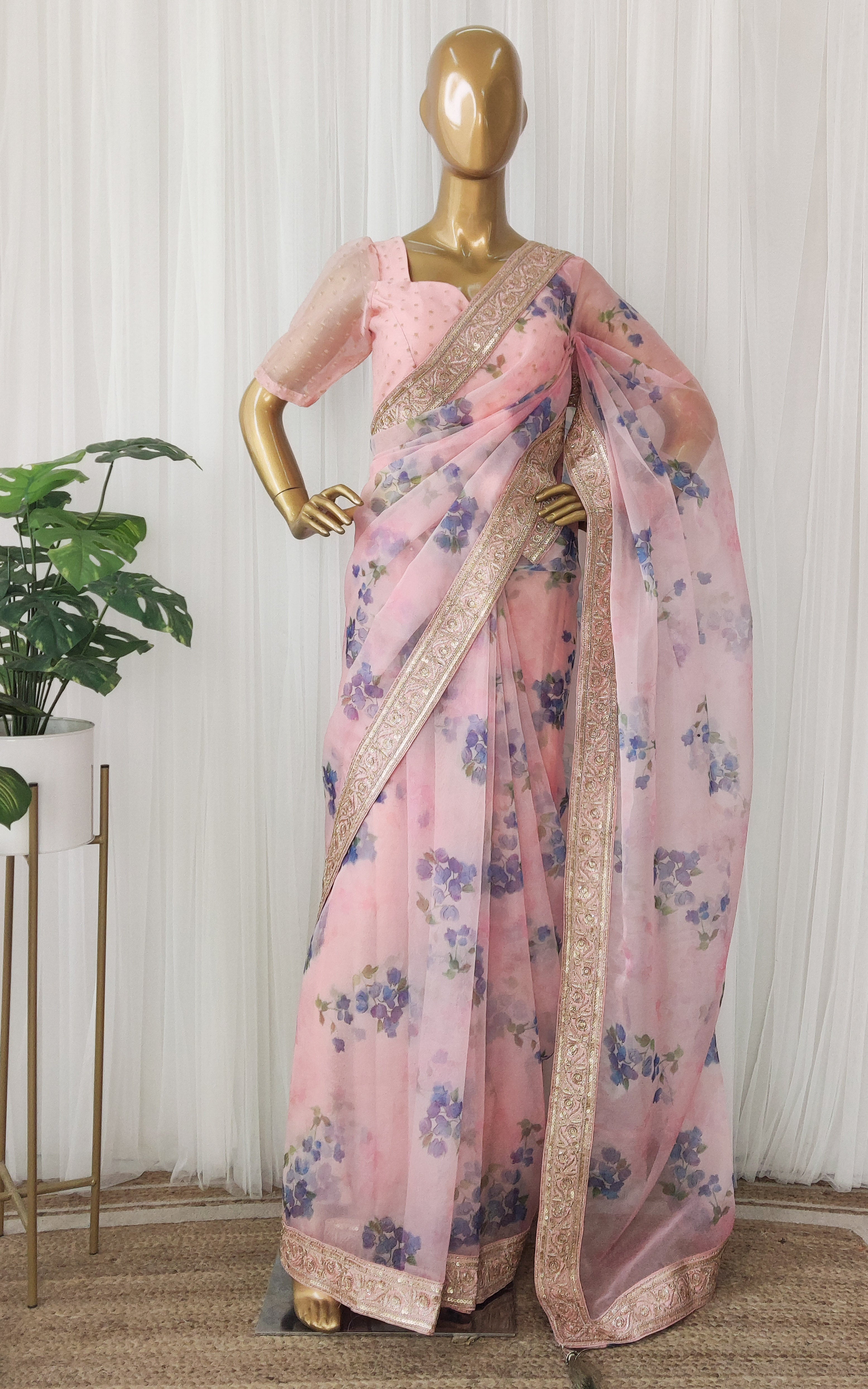 Pink & Blue Floral Organza Saree With Zari Lace Border