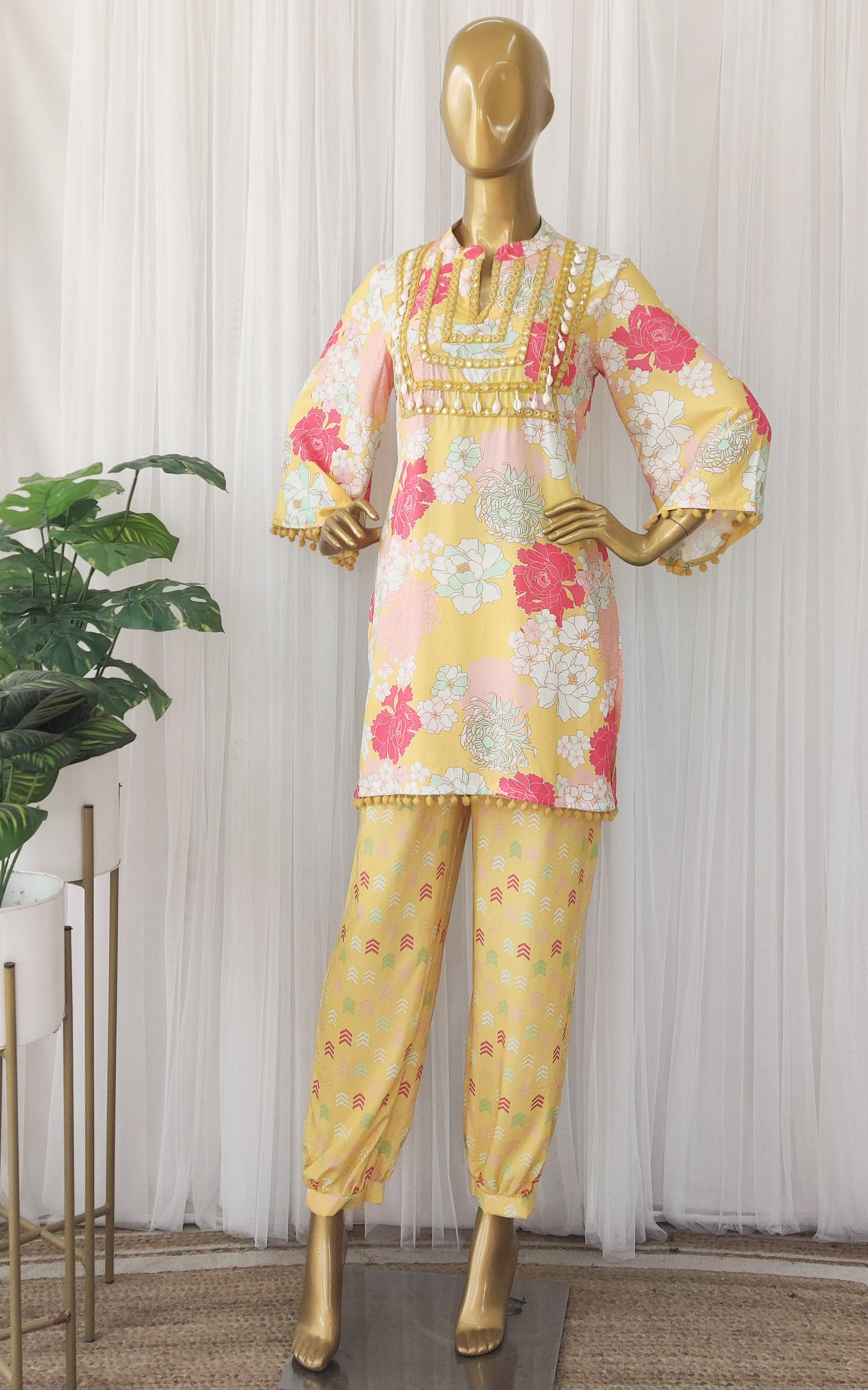 Yellow Printed Mirrorwork Co-ord Set