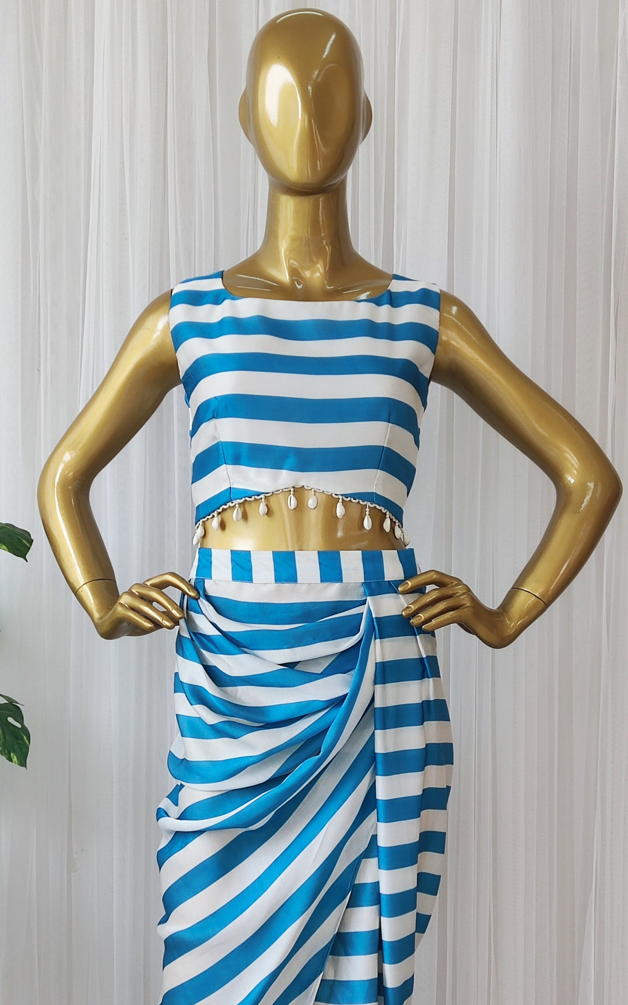 Teal Blue Striped Crop Top & Draped Skirt Co-ord Set