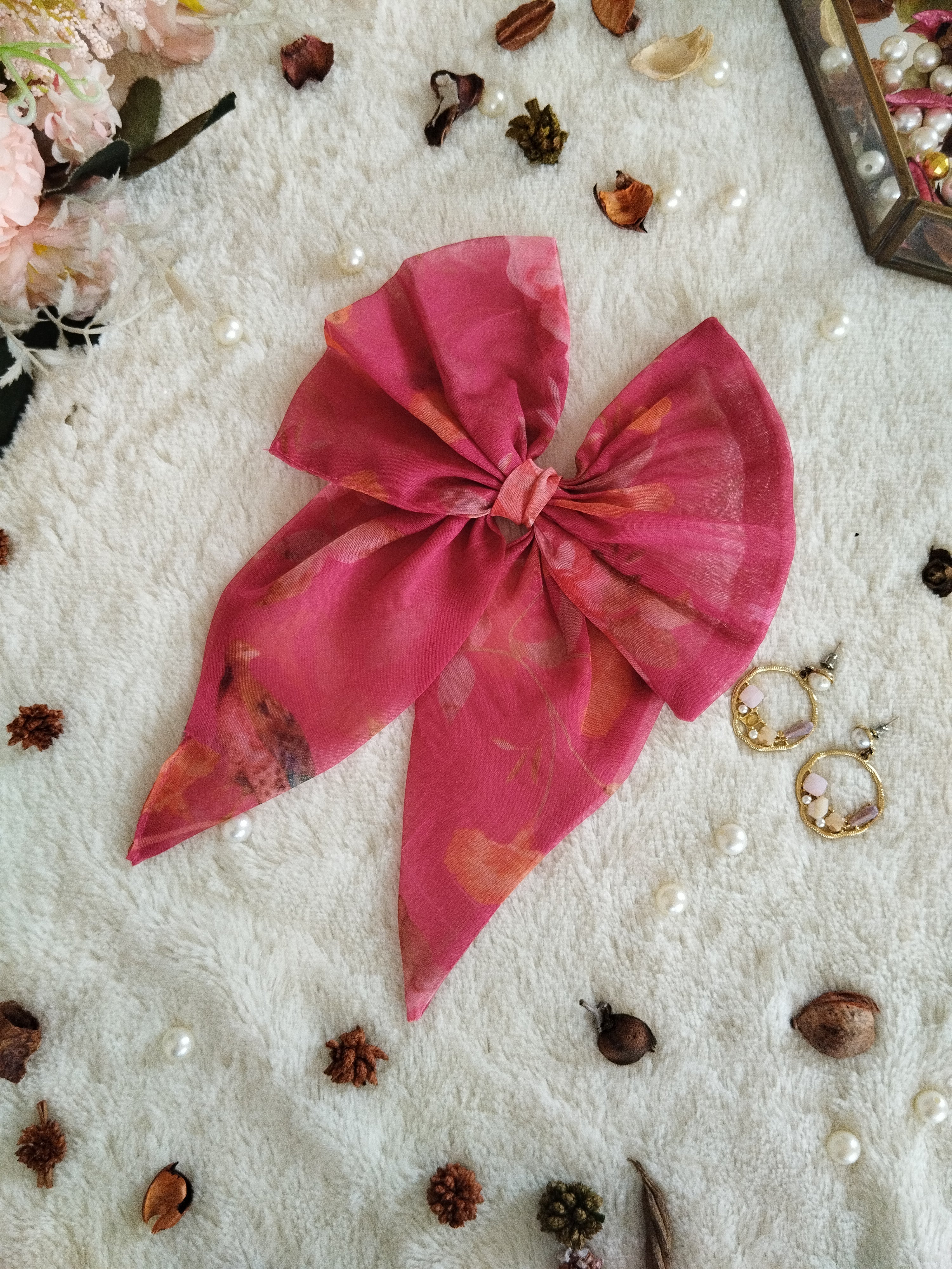 Fuschia Pink Flower print Organza Short Bow