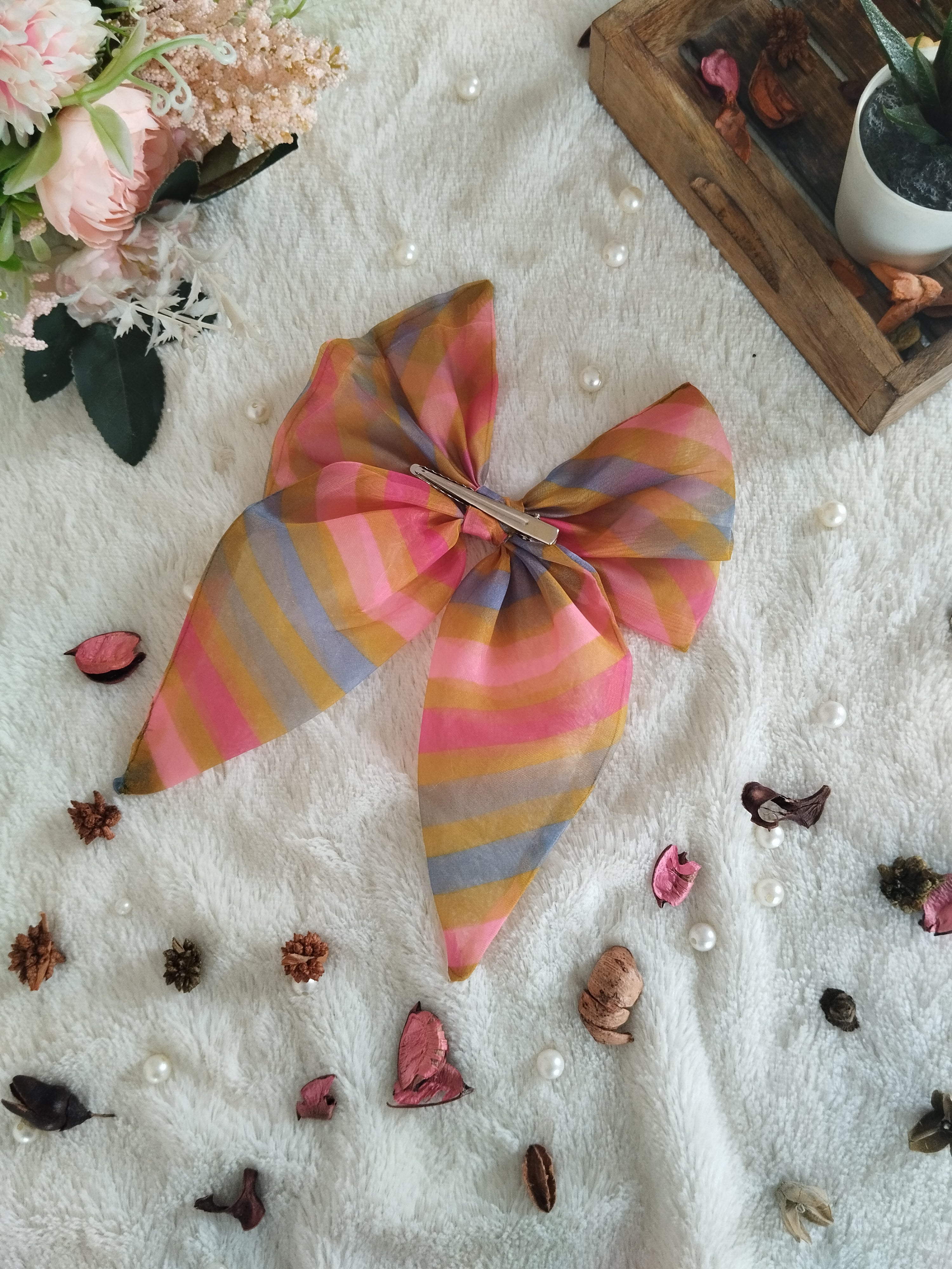Pink Floral Mustard Frosted Stripes Short Bow