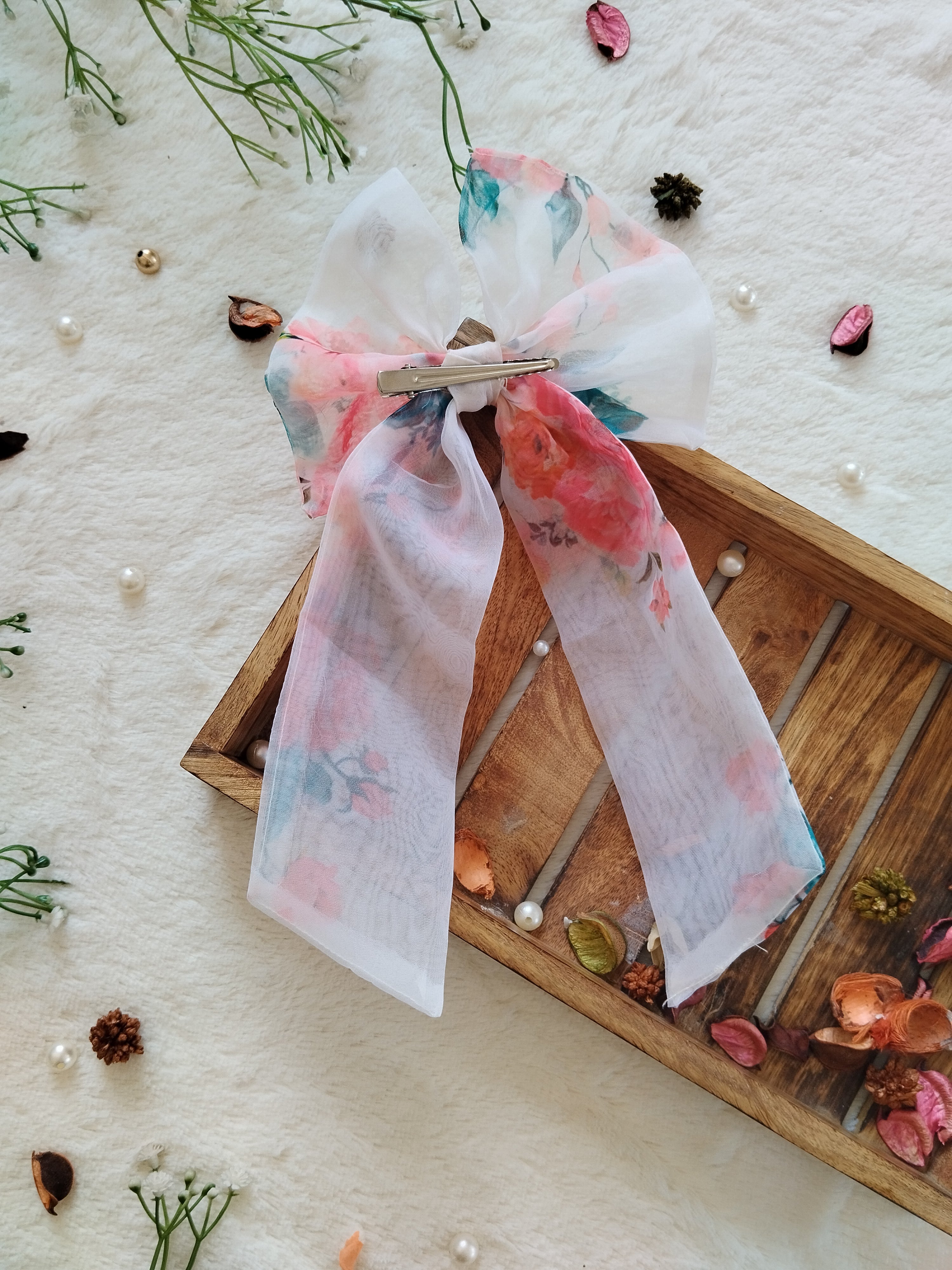 Off White Floral Organza Long Bow