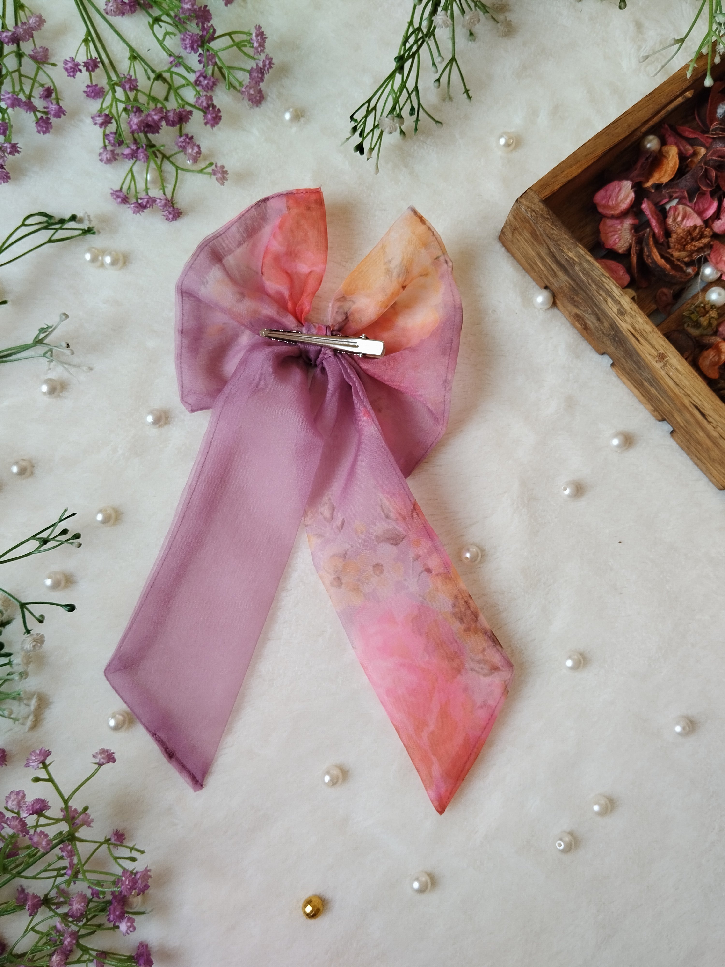 Onion Pink Floral Organza Long Bow
