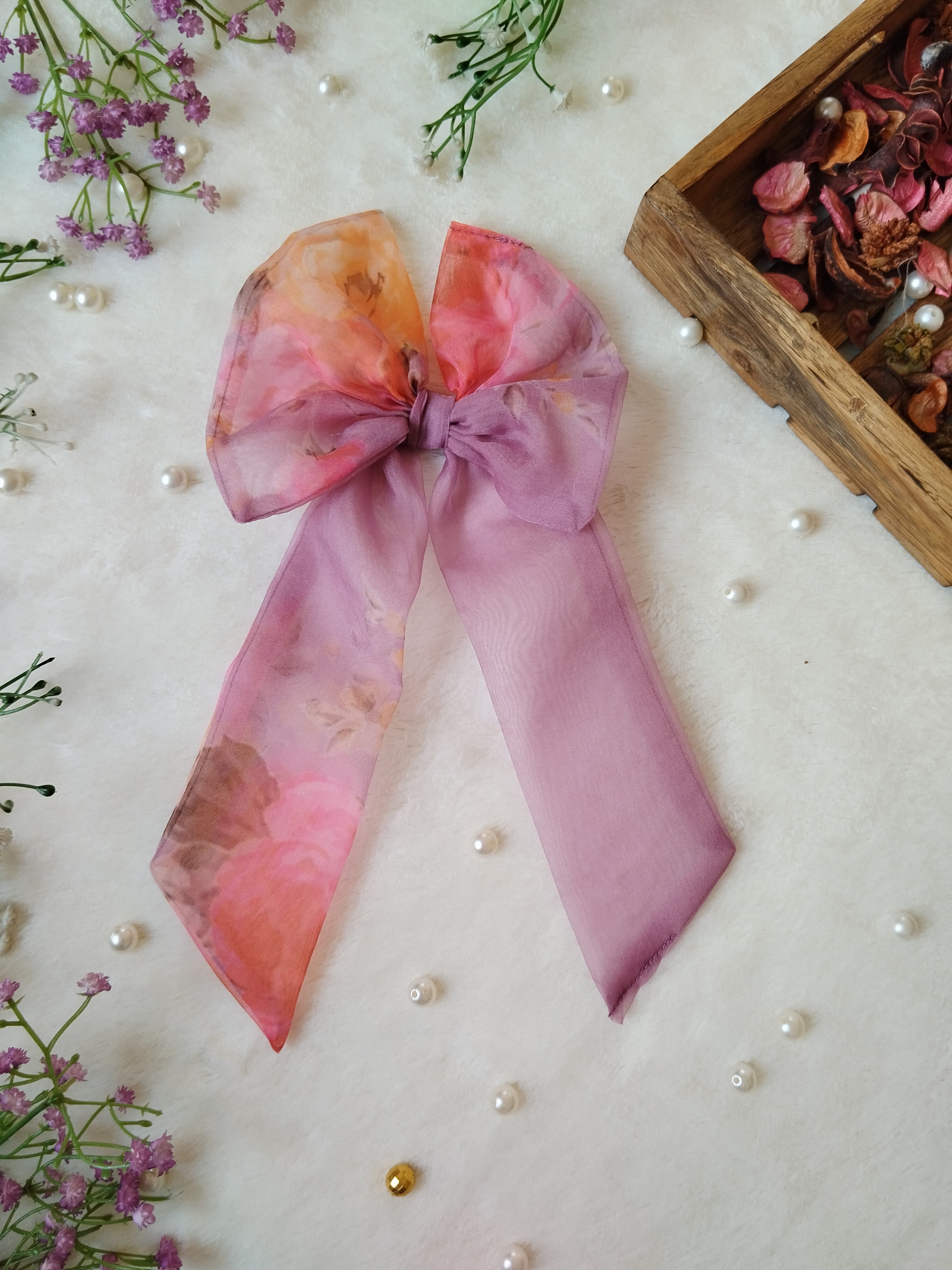 Onion Pink Floral Organza Long Bow