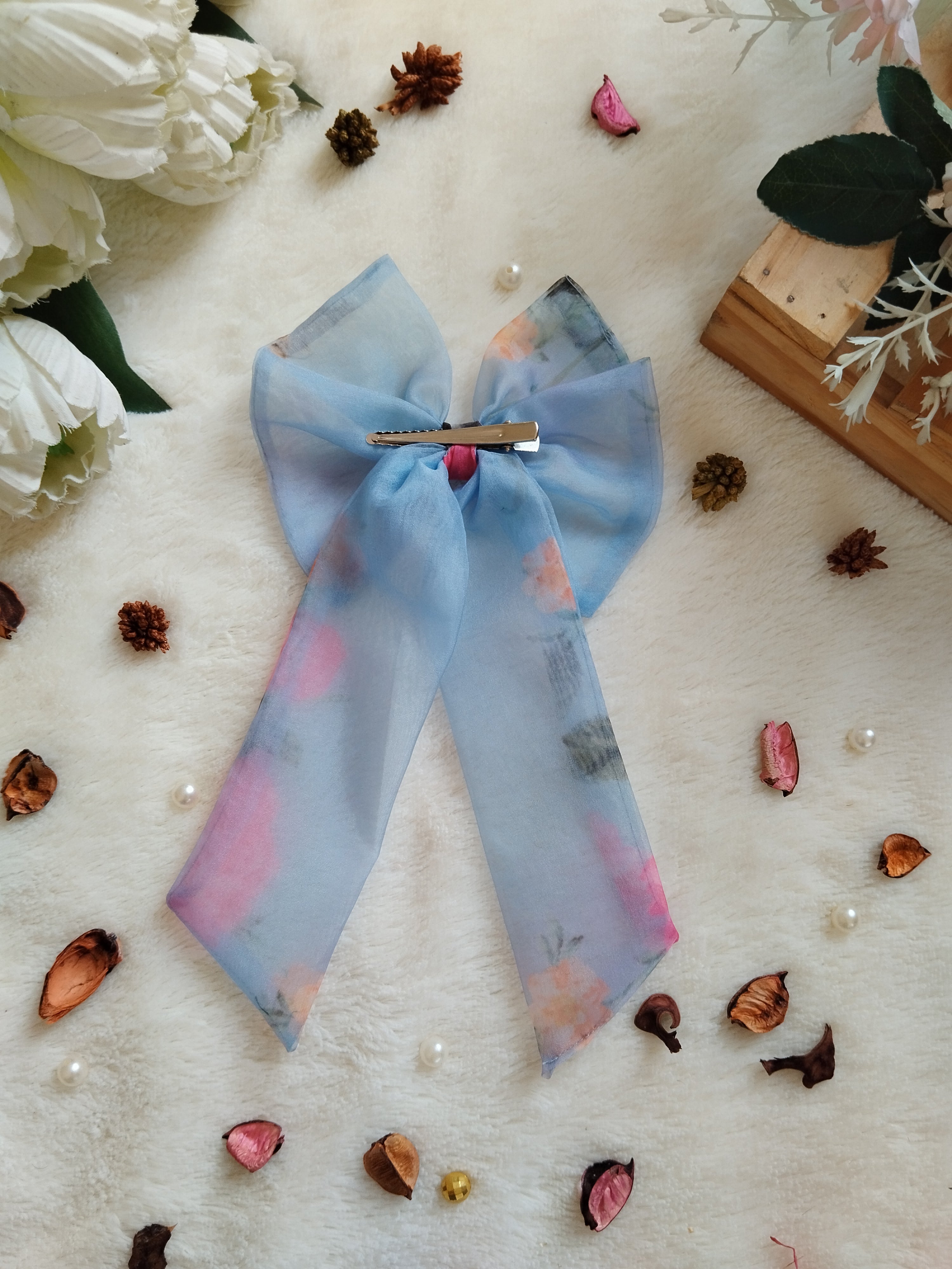 Sky Blue Pink Floral Printed Organza Long Bow