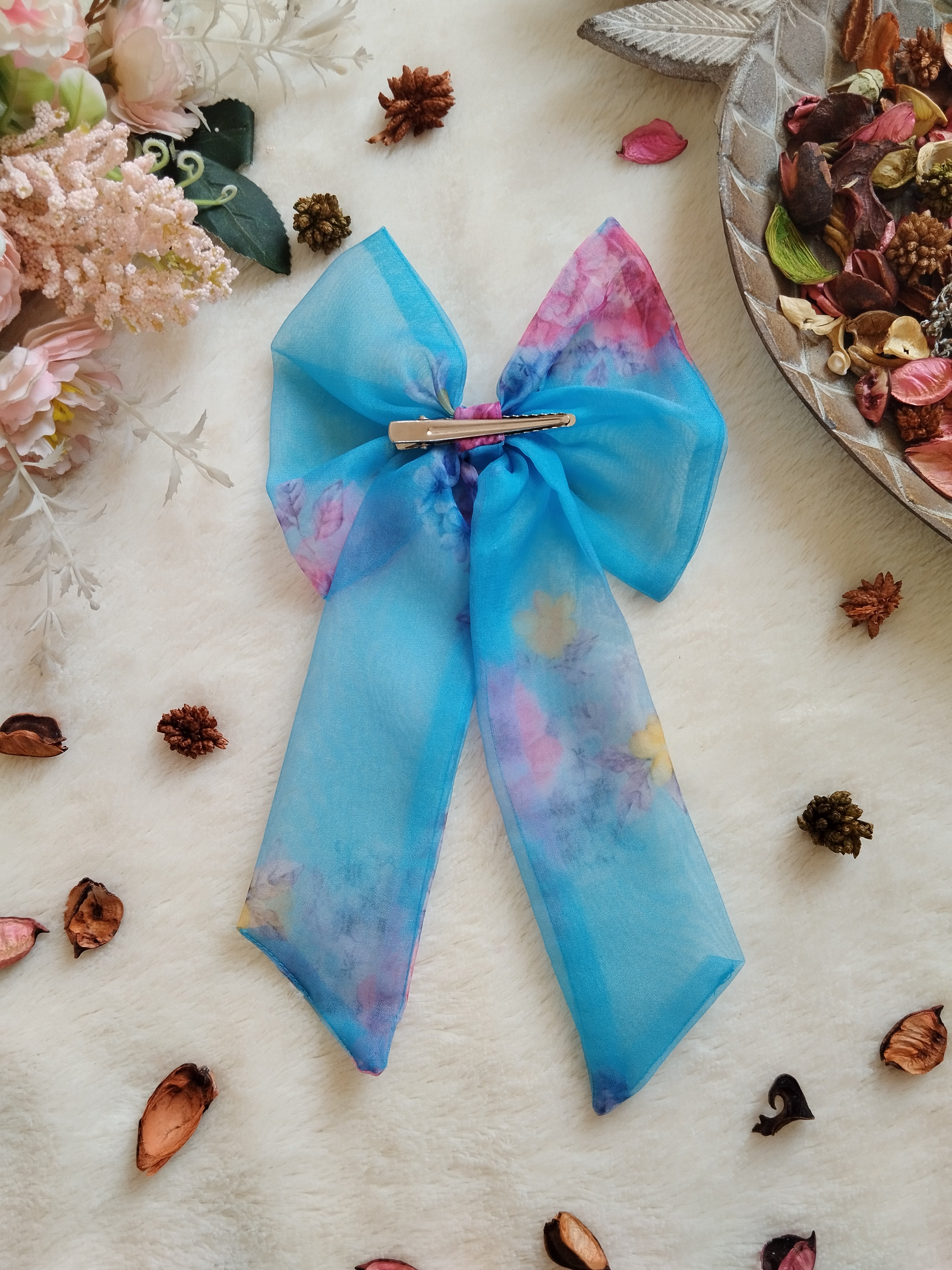 Sky Blue Pink Floral Organza Long Bow