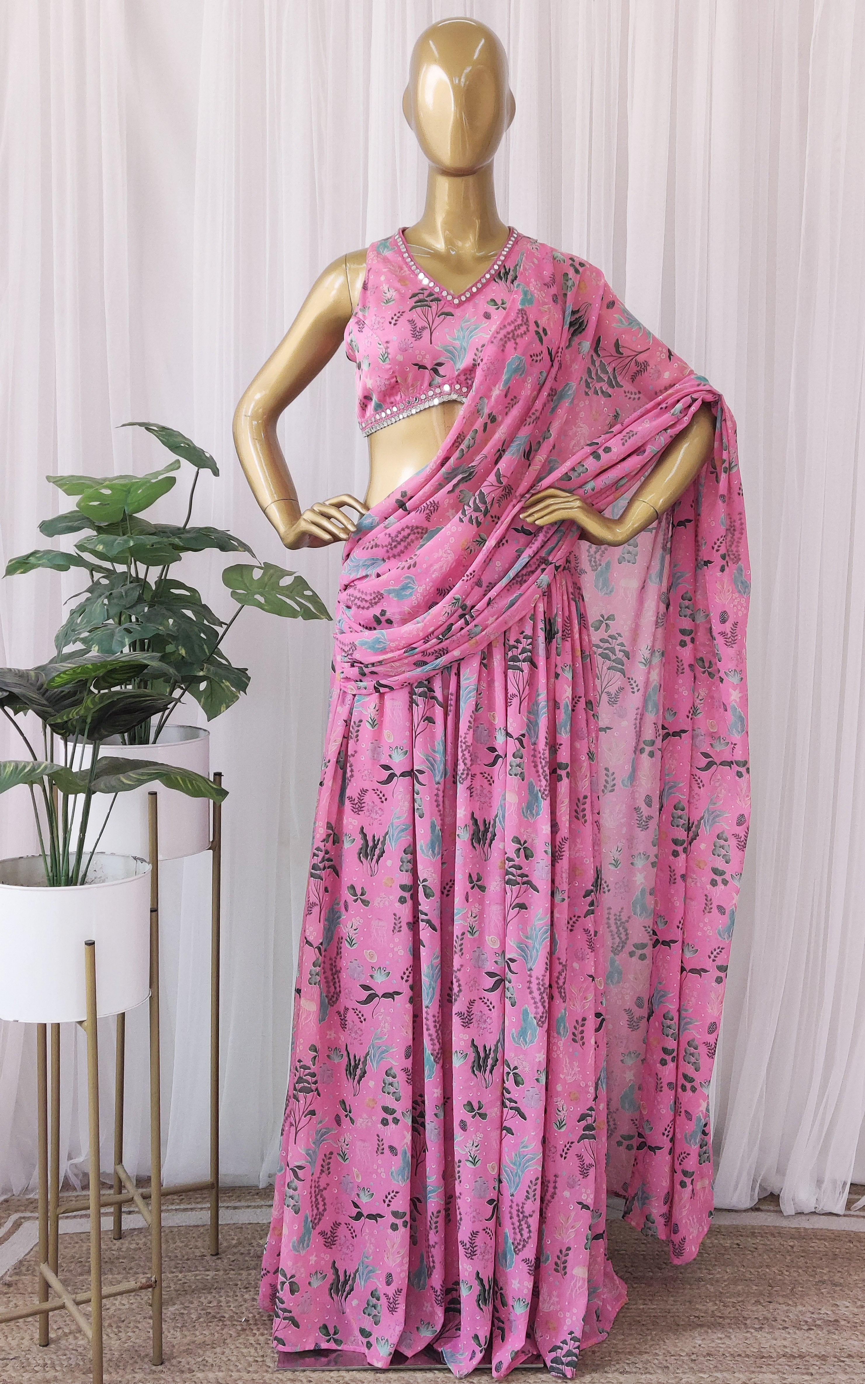 Ankita Arora Pink Aquatic Mirrorwork Crop Top-Sharara Saree