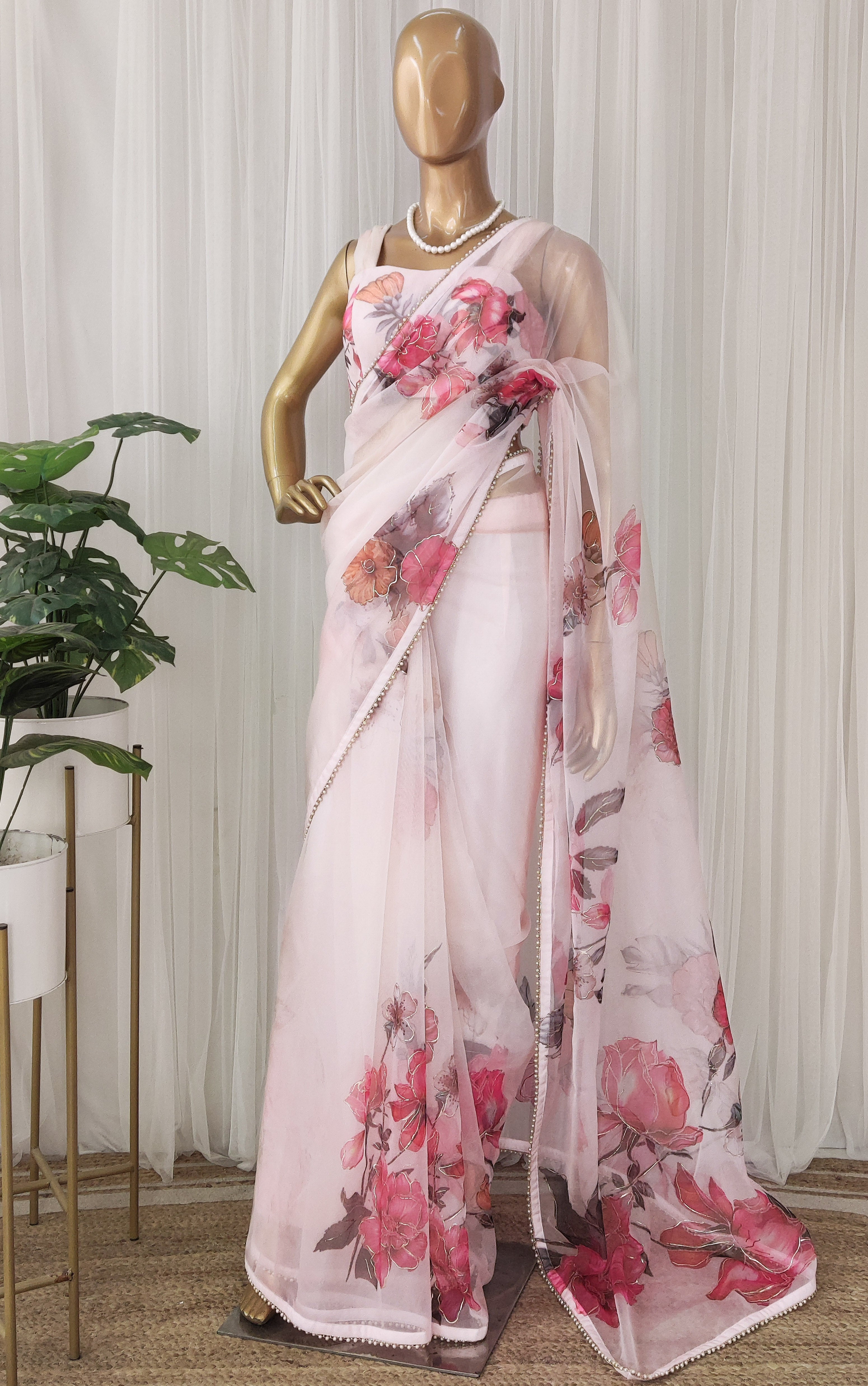 Blush Peonies Handpainted Floral Organza Handpainted Saree