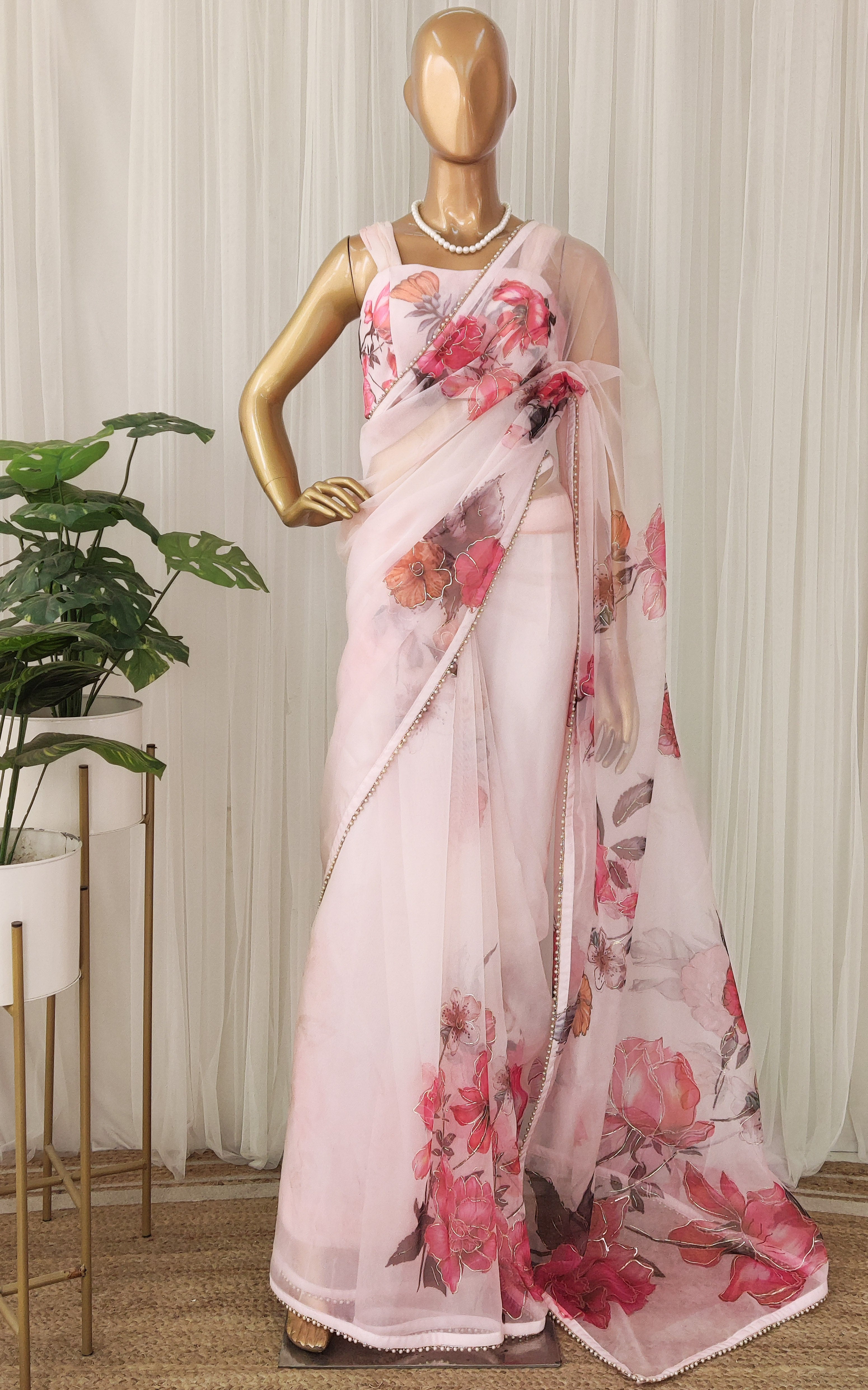 Blush Peonies Handpainted Floral Organza Handpainted Saree