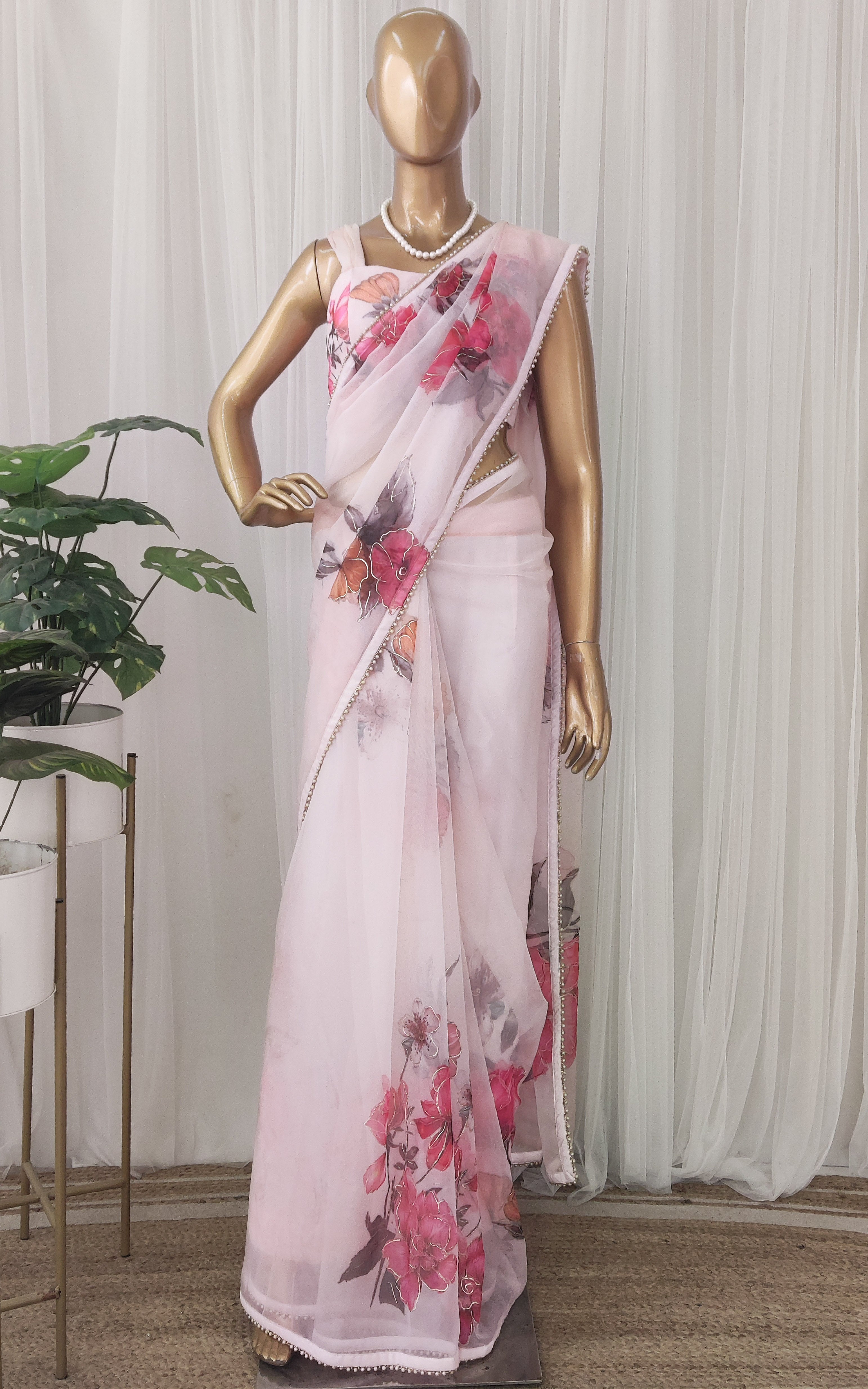 Blush Peonies Handpainted Floral Organza Handpainted Saree