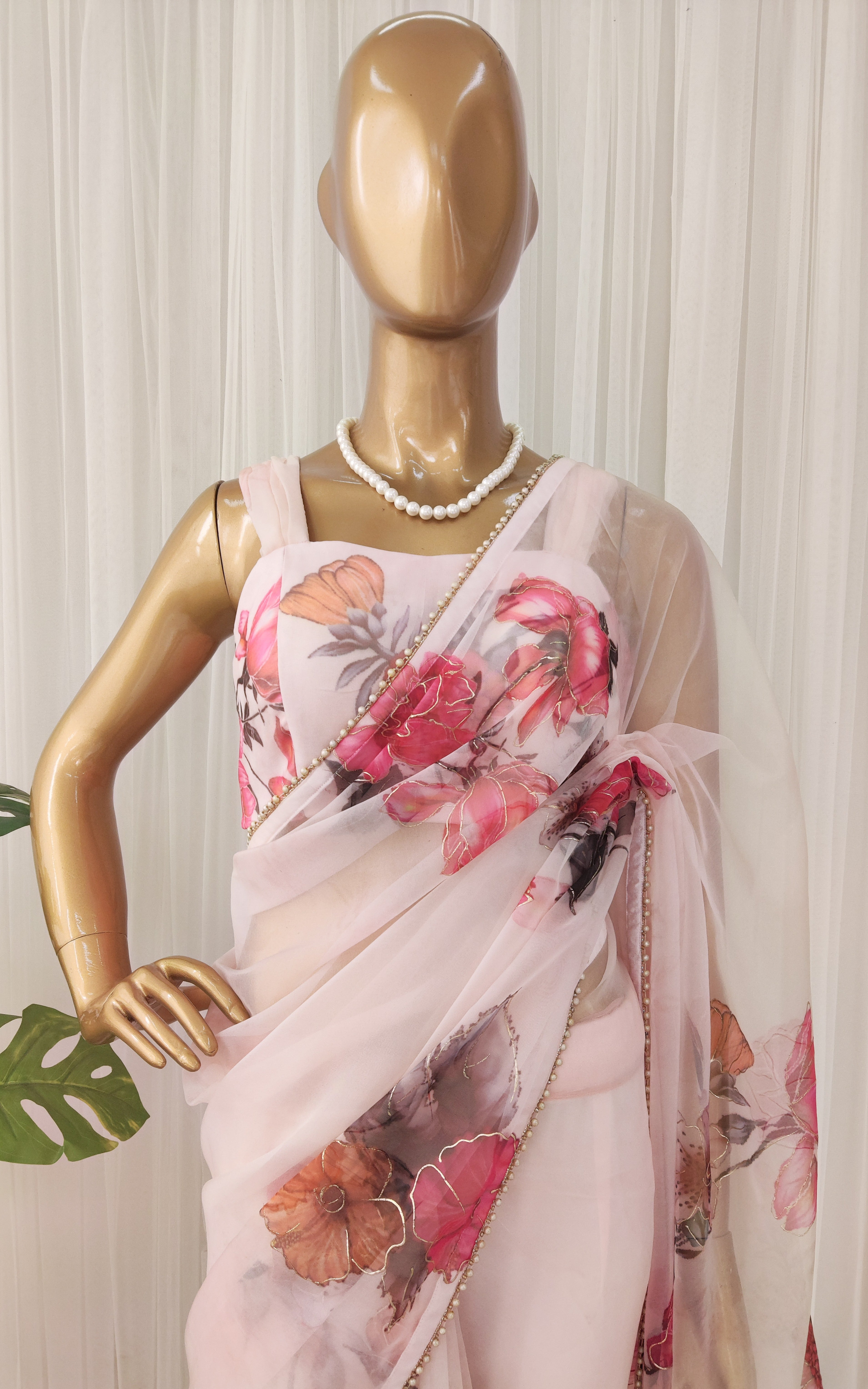 Blush Peonies Handpainted Floral Organza Handpainted Saree